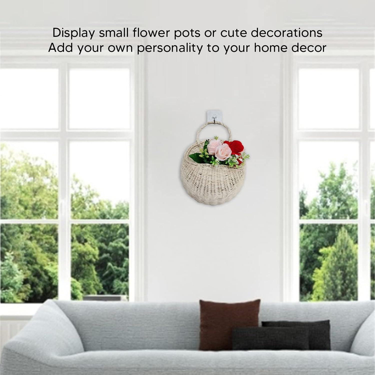 Wall Hanging Rattan Basket, Wall Mounted Woven Storage Basket, Multifunctional Home Decor with Deep Bottom and Sturdy Structure, Hanging Woven Rattan Basket for Bathroom Kitchen Li