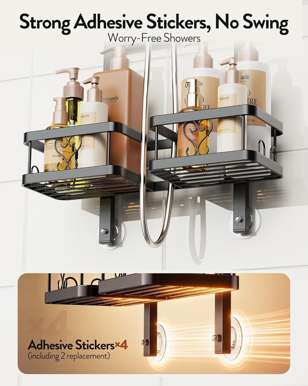 Orimade Adjustable Hanging Shower Caddy for Handheld Shower Heads, Rustproof Bathroom Shelf Organizer Over Showerhead Storage Rack with 8 Hooks, Easy-Clean Removable Baskets & Triple Anti-Slip Fixing