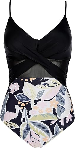 Miniatura 3 de OMKAGI Traje de baño de una pieza entrecruzado frontal para mujer, cuello en V, malla con control de abdomen
