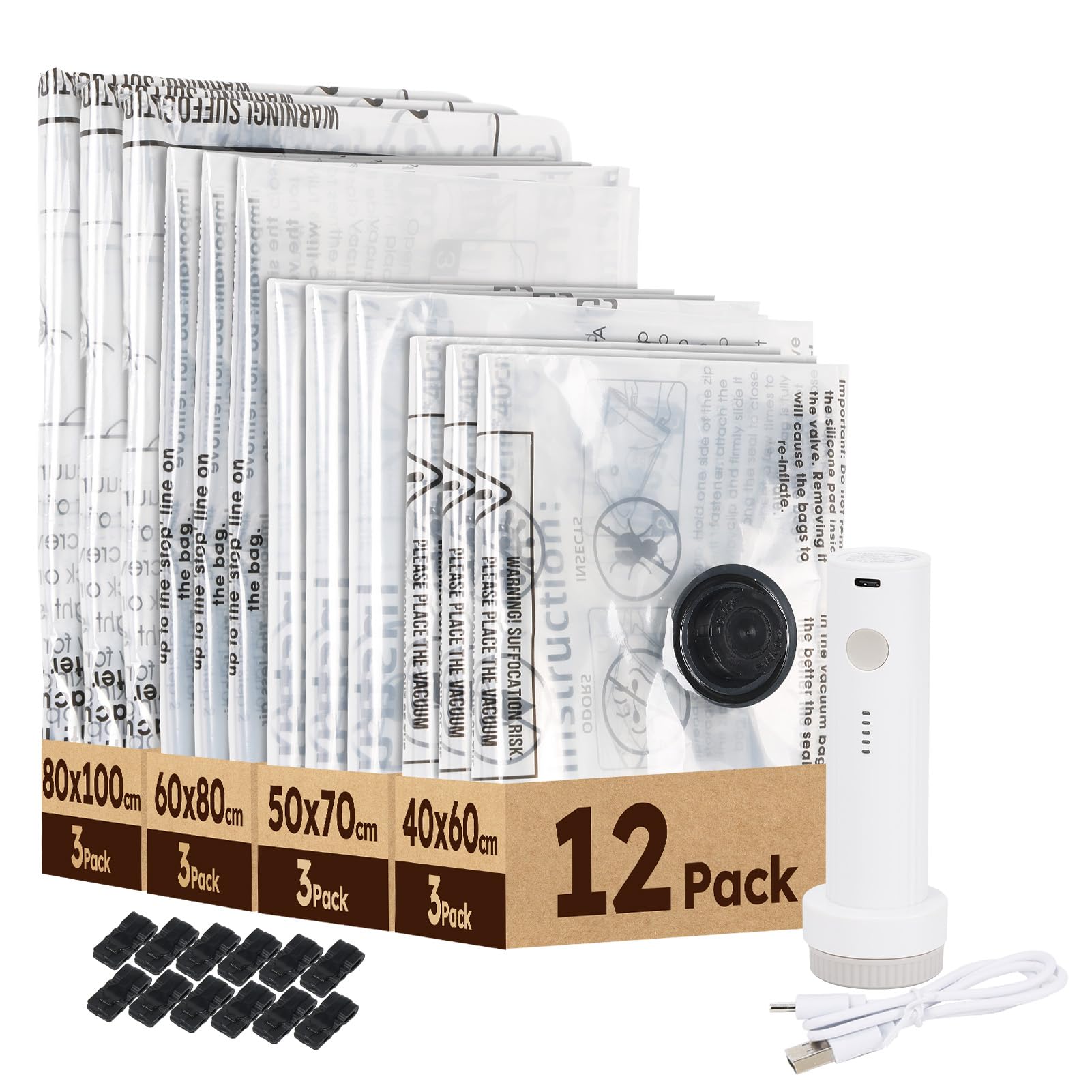 Hoikwo Vacuum Storage Bags with Cordless Electric Air Pump, 12 Pack Space Saver Vacuum Pack Bags for Clothes Duvet Bedding Comforter, Airtight & Reusable for Travel Suitcase