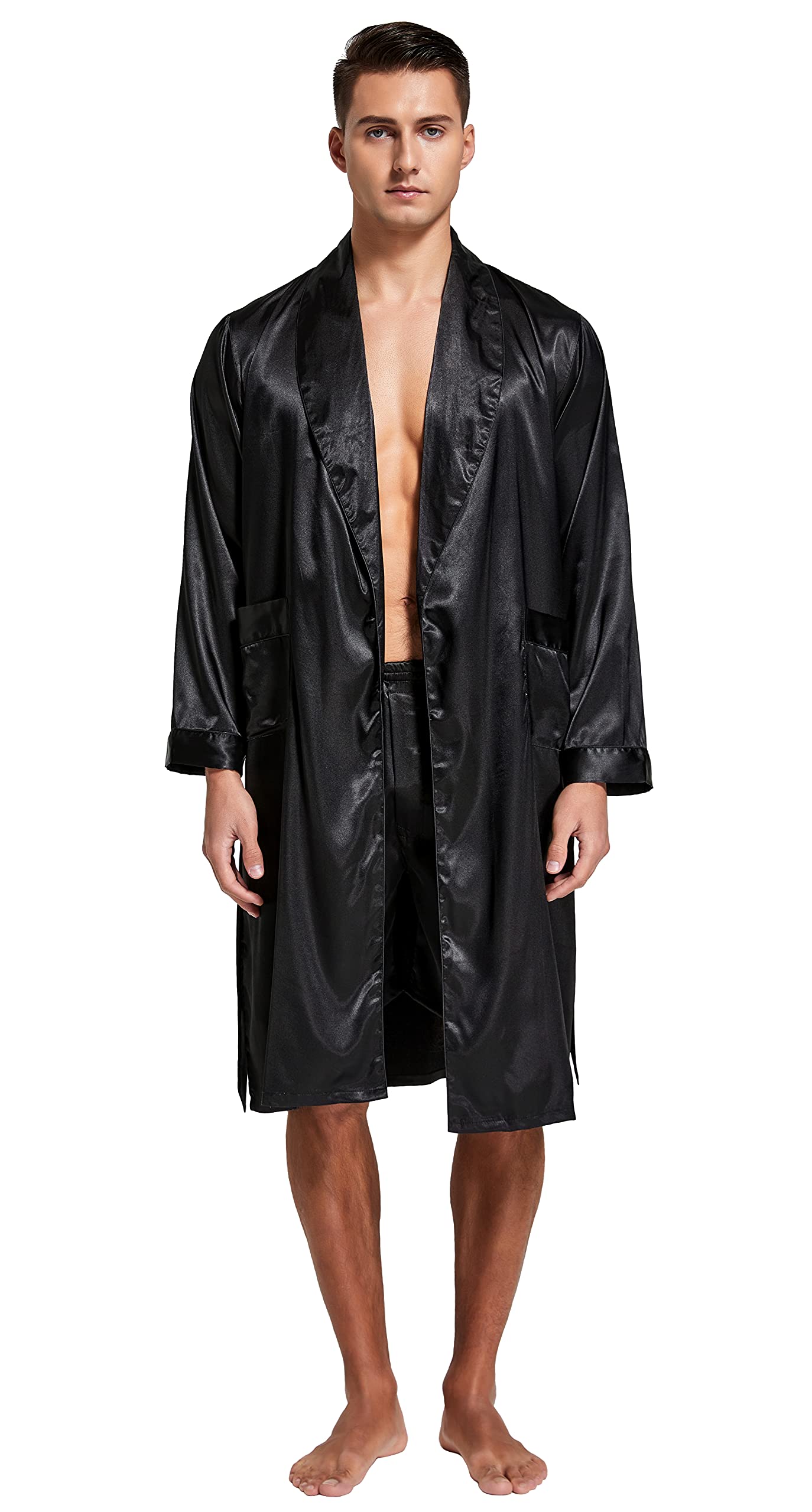Mens Satin Robe Long Sleeve Silk Kimono Bathrobe with Shorts Set Sleepwear