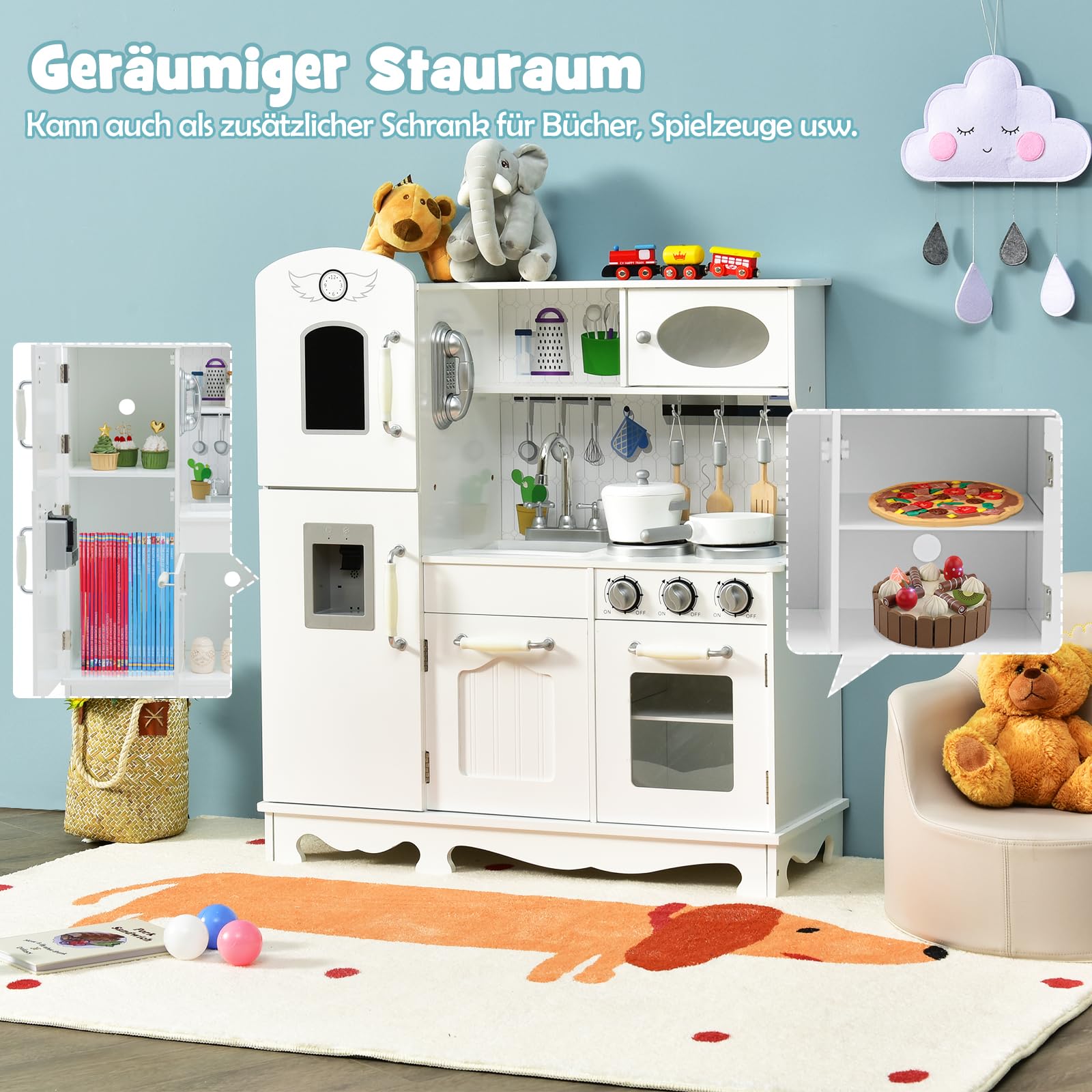 DREAMADE Kinderküche aus Holz mit Spielzubehör, Kinderspielküche mit Kühlschrank Spüle Herd Backofen, Holzküche Spielzeugküche, Spielküche mit Licht und Sound für Kinder ab 3 Jahren, Weiß