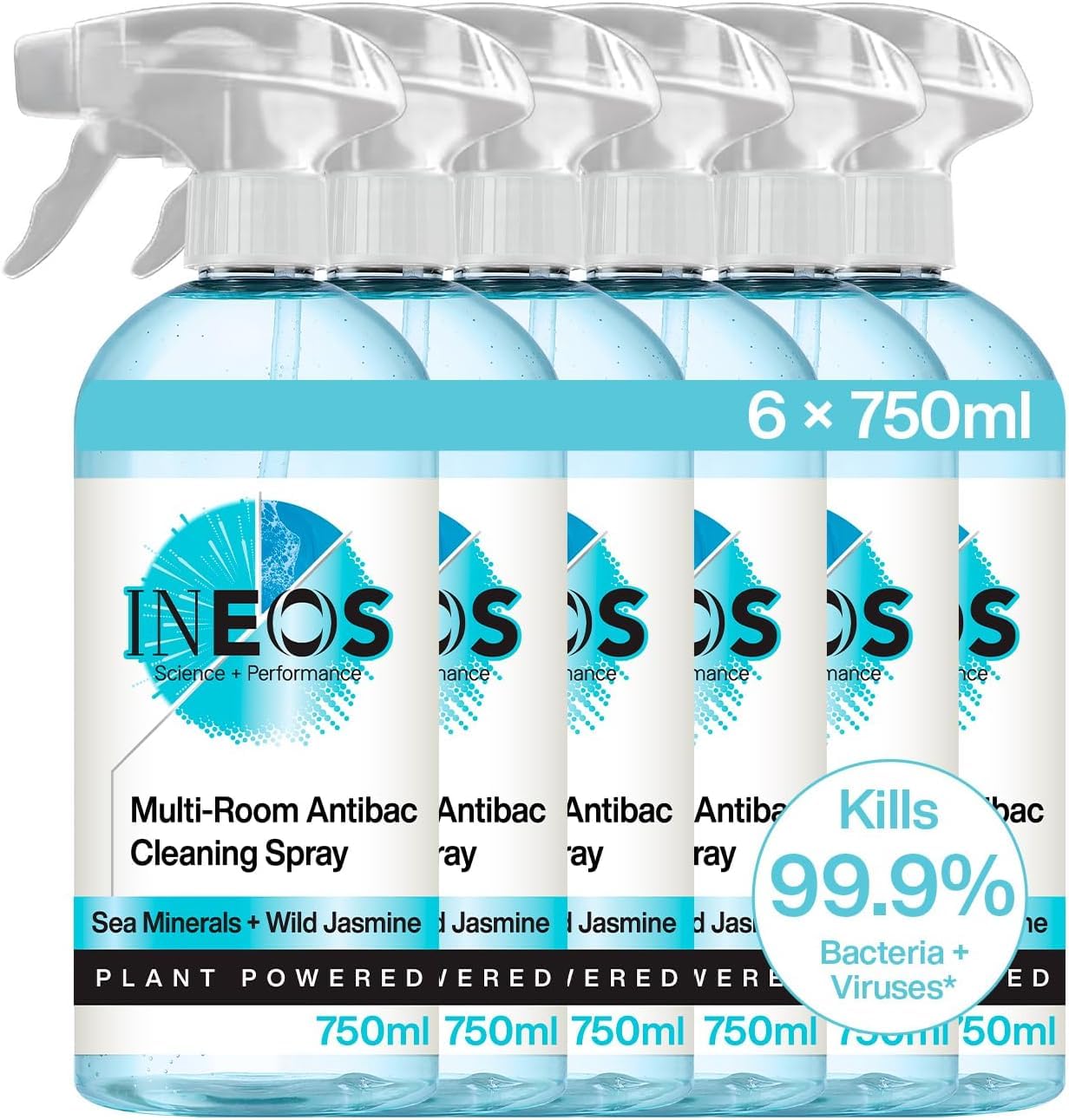 INEOSNext-Gen Cleaner Antibac Spray, 4.5L (750ml x 6), Multi-Room, Plant Powered, Limescale + Grease Remover, Kills 99.9% of Bacteria + Viruses, Sea Minerals + Wild Jasmine