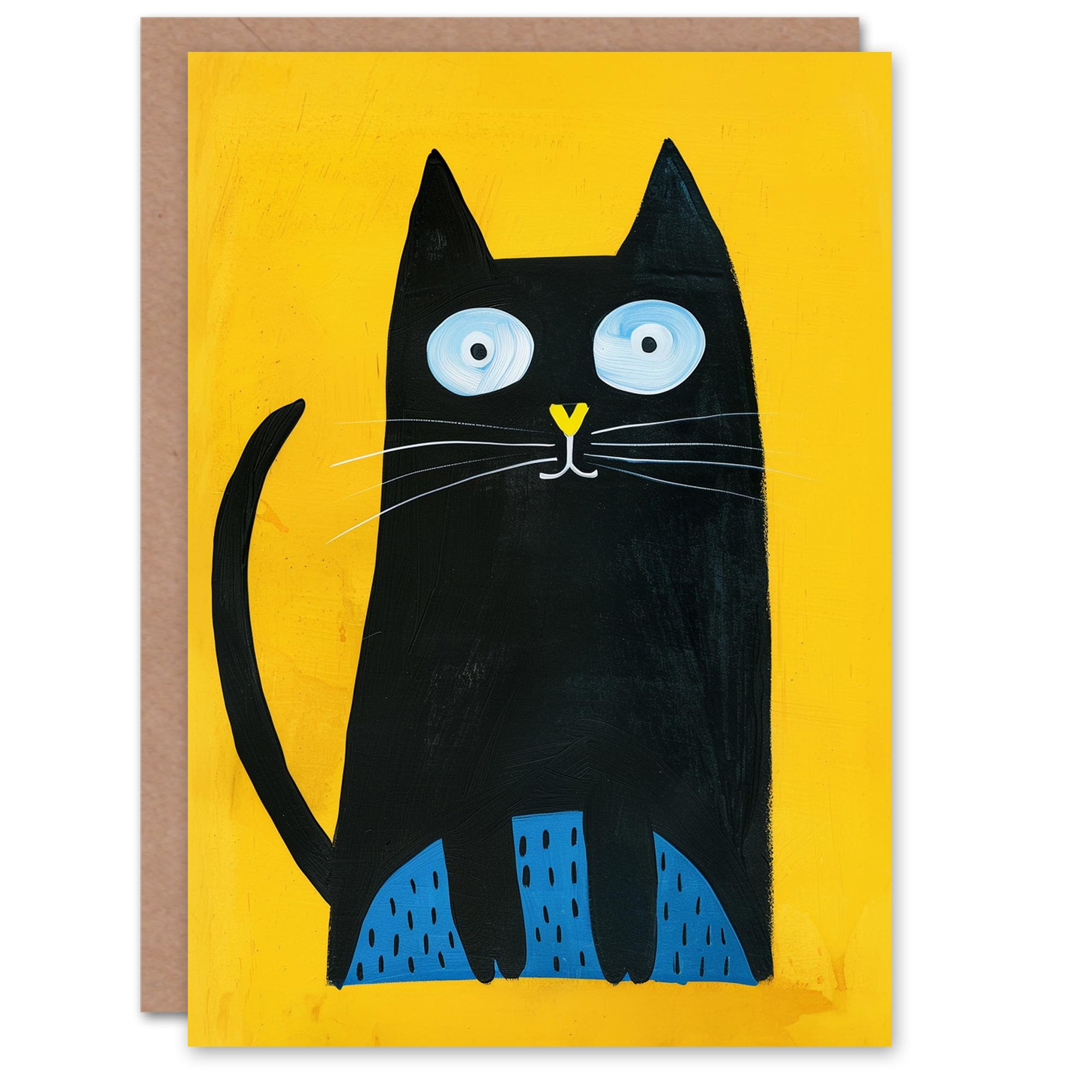 Artery8 Black Cat Lover Quirky Yellow Blue Pet Portrait Blank For Him Or Her Art Birthday Card