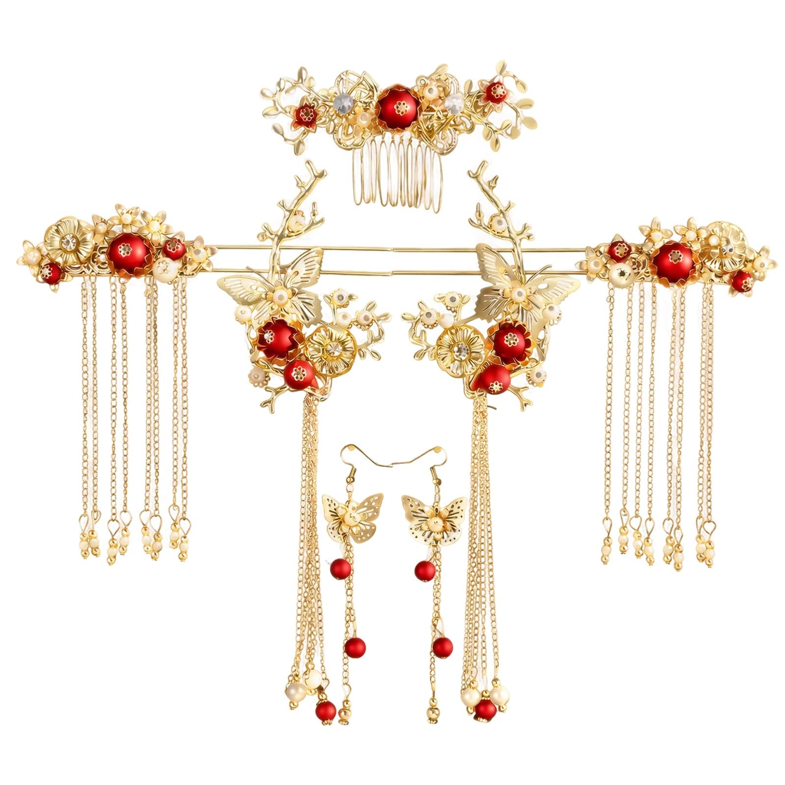 Set d’accessoires cheveux papillon à pampilles, accessoires cheveux Hanfu, peigne épingle à cheveux style classique avec perles, ensemble d’accessoires cheveux pour mariage