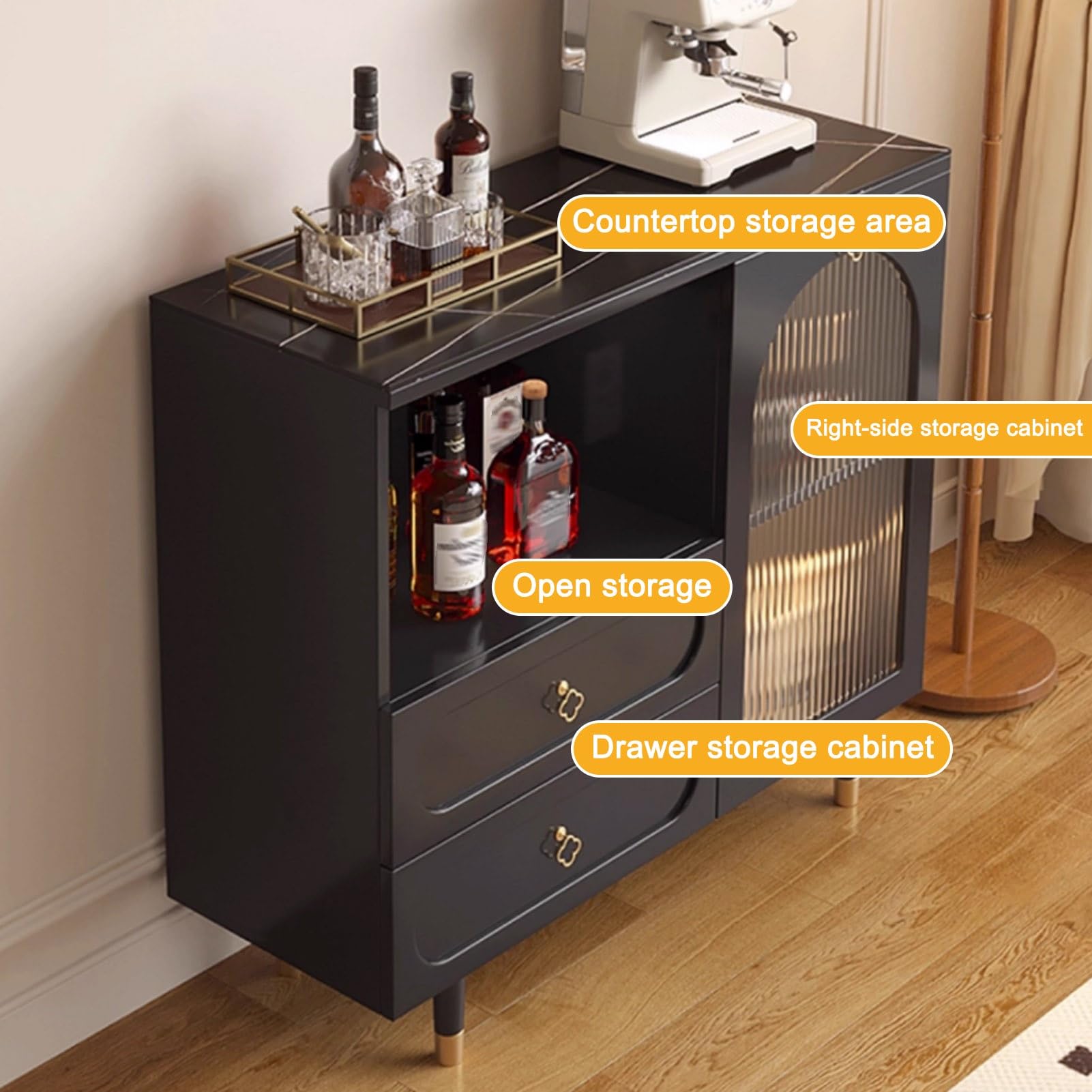 Buffet avec Rangements, Meuble de Rangement de Style Campagnard, Armoire avec Porte Cintrée À Rayures, pour Console de Salon Ou Buffet de Cuisine(Nero,39.3x15.7x37.4in)