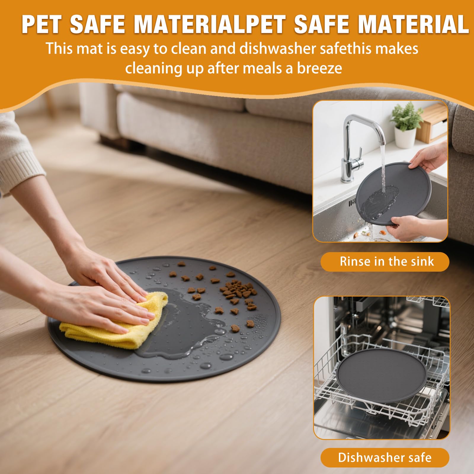 LDYOEN 2 Silicone Cat and Dog Bowl Mat with Raised Edges for Containing Spills Waterproof 30 x 30 cm - Grey - Image 4