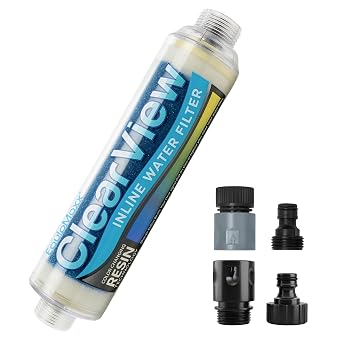 Clearview Inline Color Changing DI Resin Water Filter, 3/4 Inch GHT Hose Connector, Spot-Free Rinse Filter for Car Washing, Window Cleaning, RVs, Motorcycles and Solar Panels
