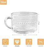 6 Pcs Vintage Glass Coffee Mugs, 15 oz Clear Embossed Glass Tea Mug, Stackable Glass Coffee Cups with Handle for Cappuccino Latte Espresso Cereal Yogurt Beverage