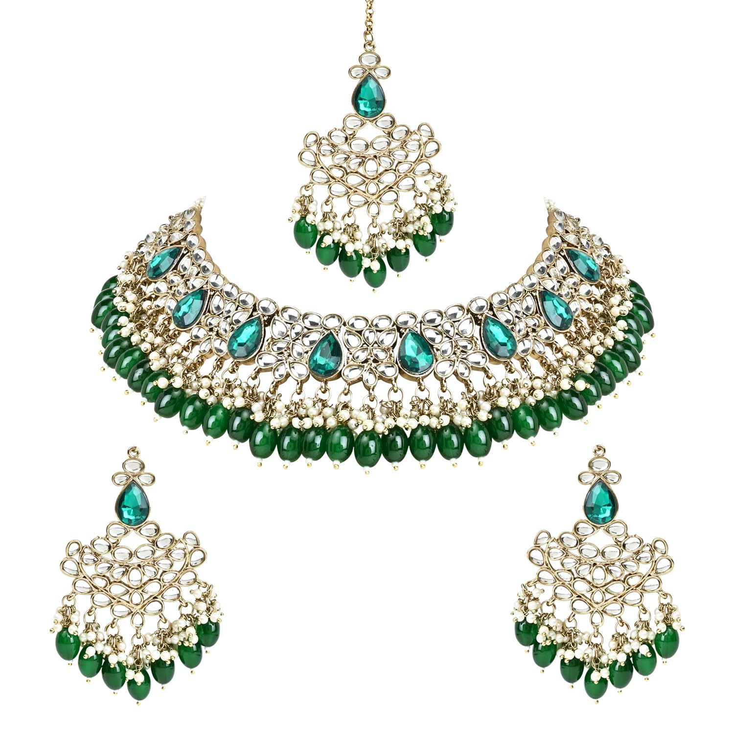 I Jewels Gold Plated Traditional Kundan Pearl Hanging Choker Necklace Jewellery Set With Earrings & Maang Tikka For Women & Girls (Green) (B0CNXVDBKY) Amazon Price History, Amazon Price Tracker