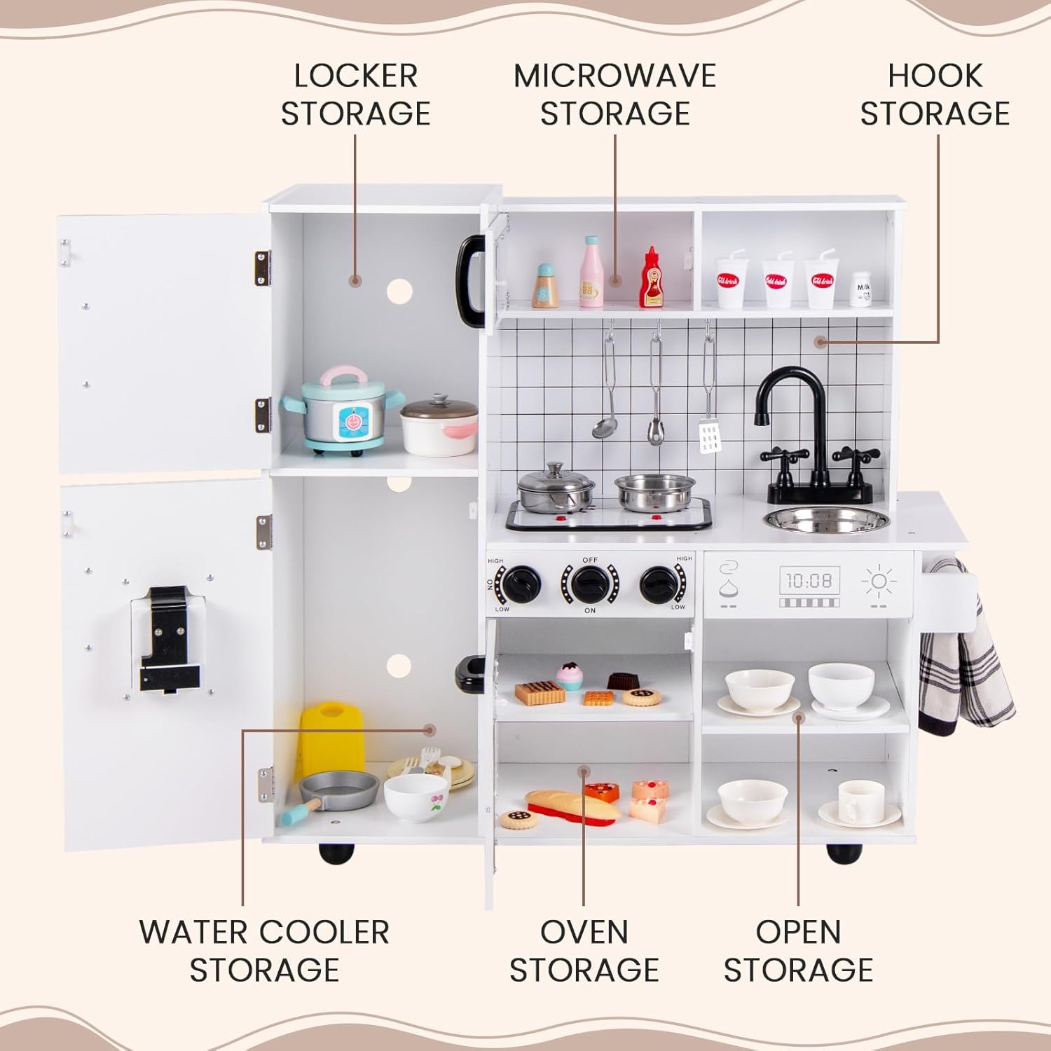 Labeled storage areas including locker, microwave, hook, water cooler, oven, and open storage