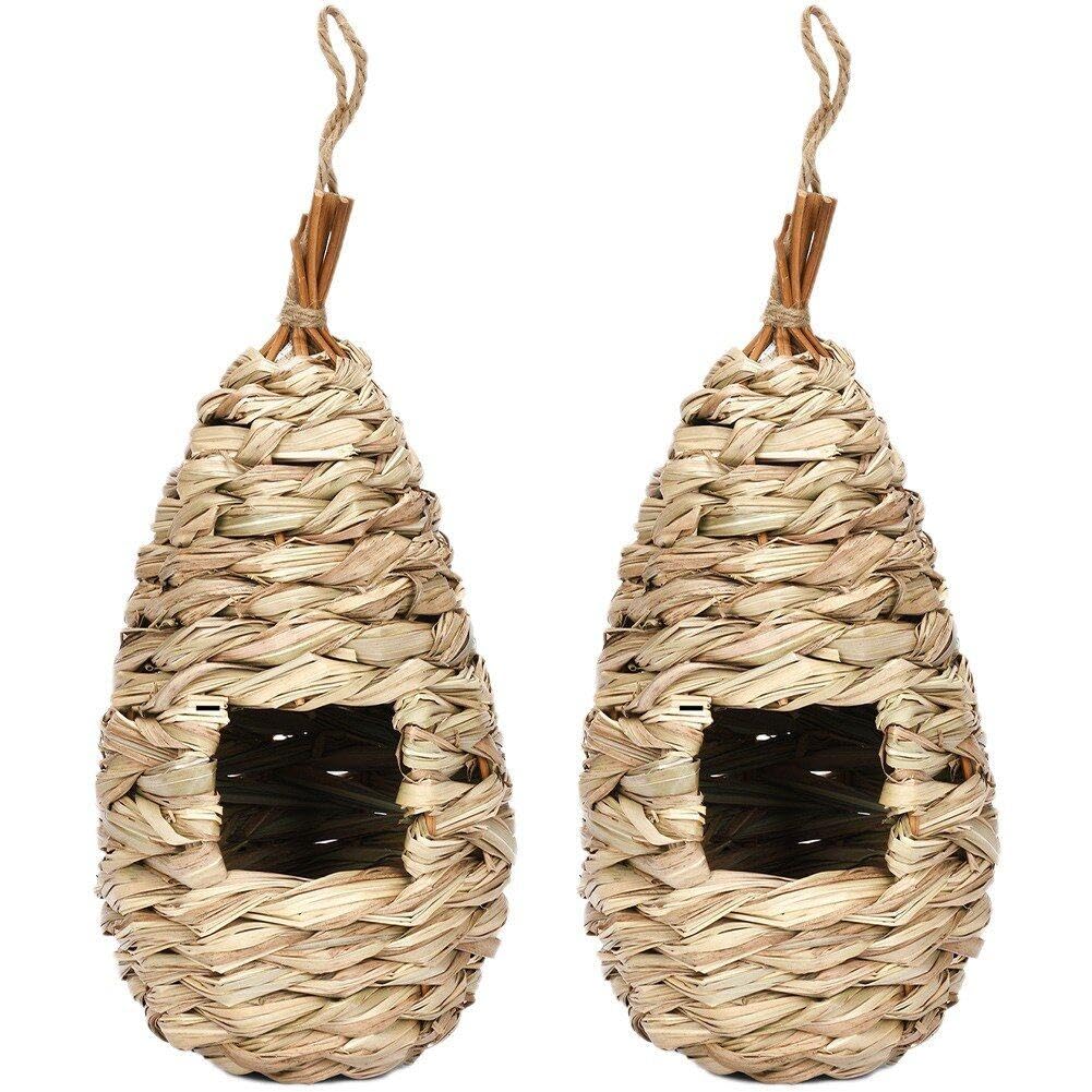 Muteitt 2 Pcs Hummingbird House, Hand Woven Bird Nest for Outdoors Hanging, Small Grass Bird houses for Outside, Natural Fiber Bird Hut Roosting Pocket