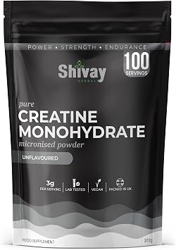 Micronised Creatine Monohydrate Powder 300g   100 Servings   100% Pure Vegan Creatine   Unflavoured   Premium Micronised Formula   Packed in The UK Shivay Herbals