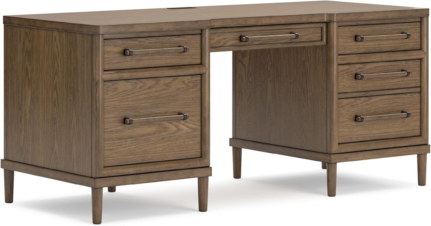 Signature Design by Ashley Roanhowe Contemporary 68" Home Office Desk with 6 Felt-Lined Drawers, USB Charging Ports and Cord Management, Dark Brown