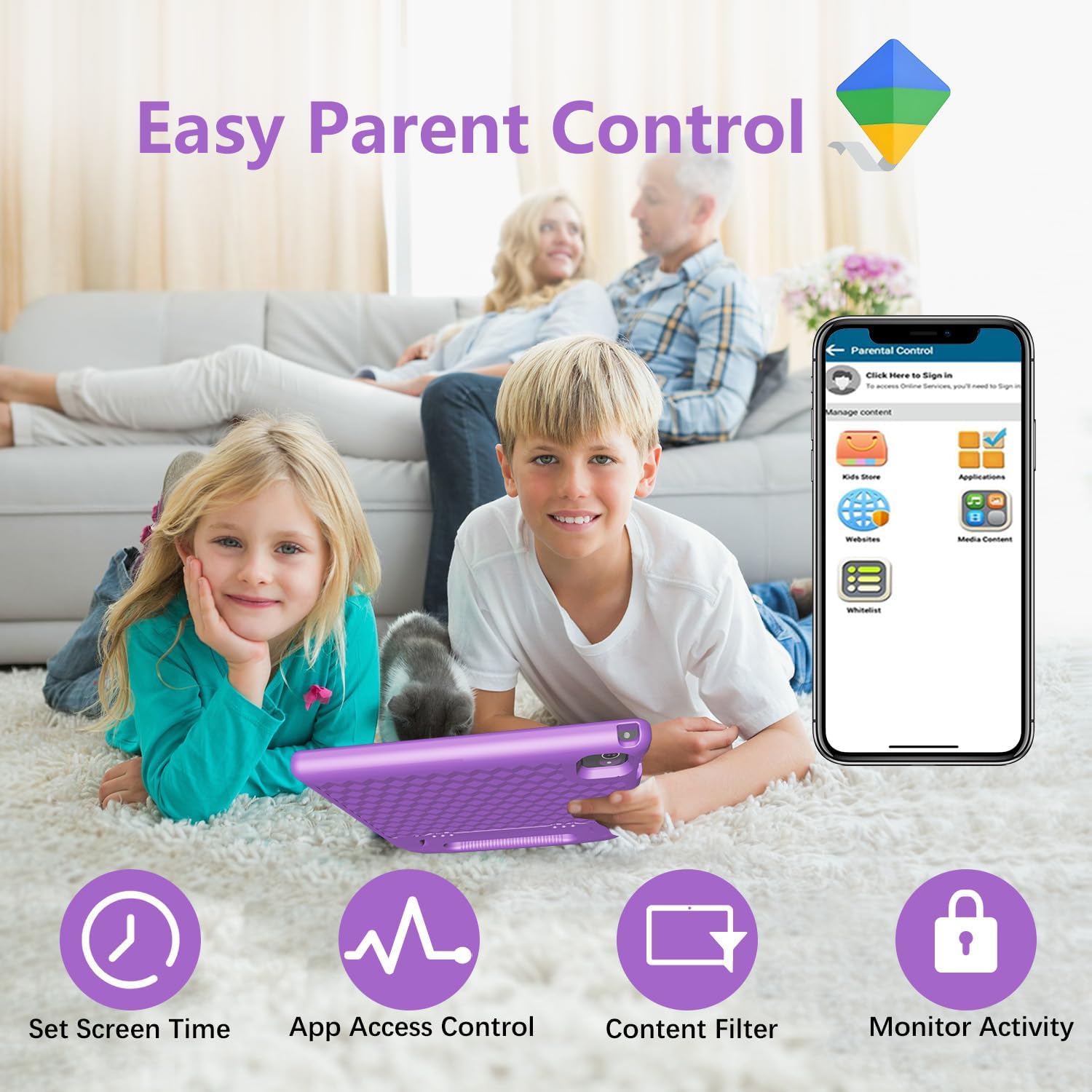 Tablet per Bambini 10 Pollici Android 14, Octa-Core 8GB RAM 64GB ROM, Espandibile fino a 1TB, 6000mAh, Controllo Parentale, Tablet Educativo con Custodia, Bluetooth WiFi, Doppia Fotocamera, GPS