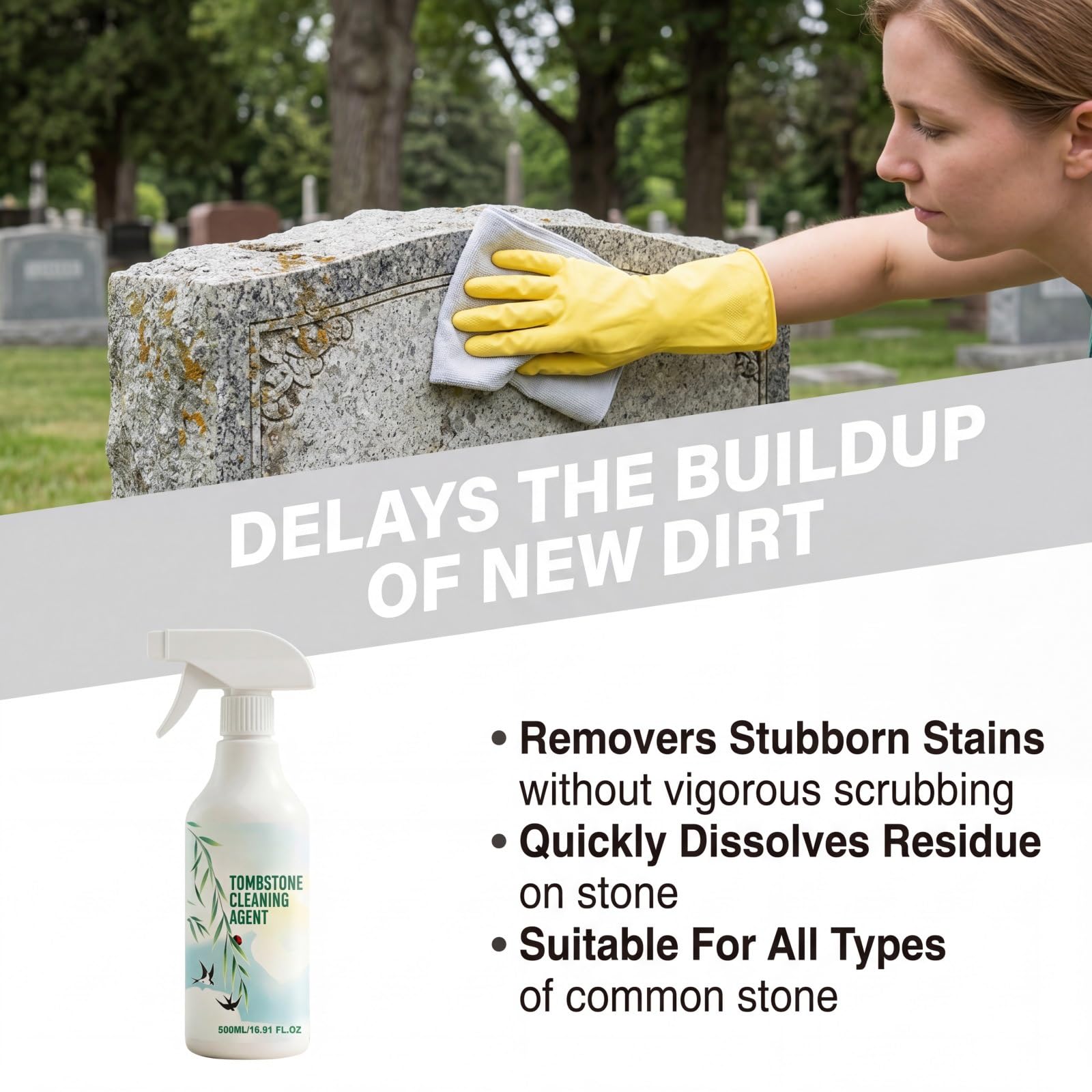 Spray limpiador de lápidas y lápidas para granito, mármol y piedra natural, cuidado conmemorativo de cementerio al aire libre de 500 ml con revitalizador protector y revestimiento protector resistente