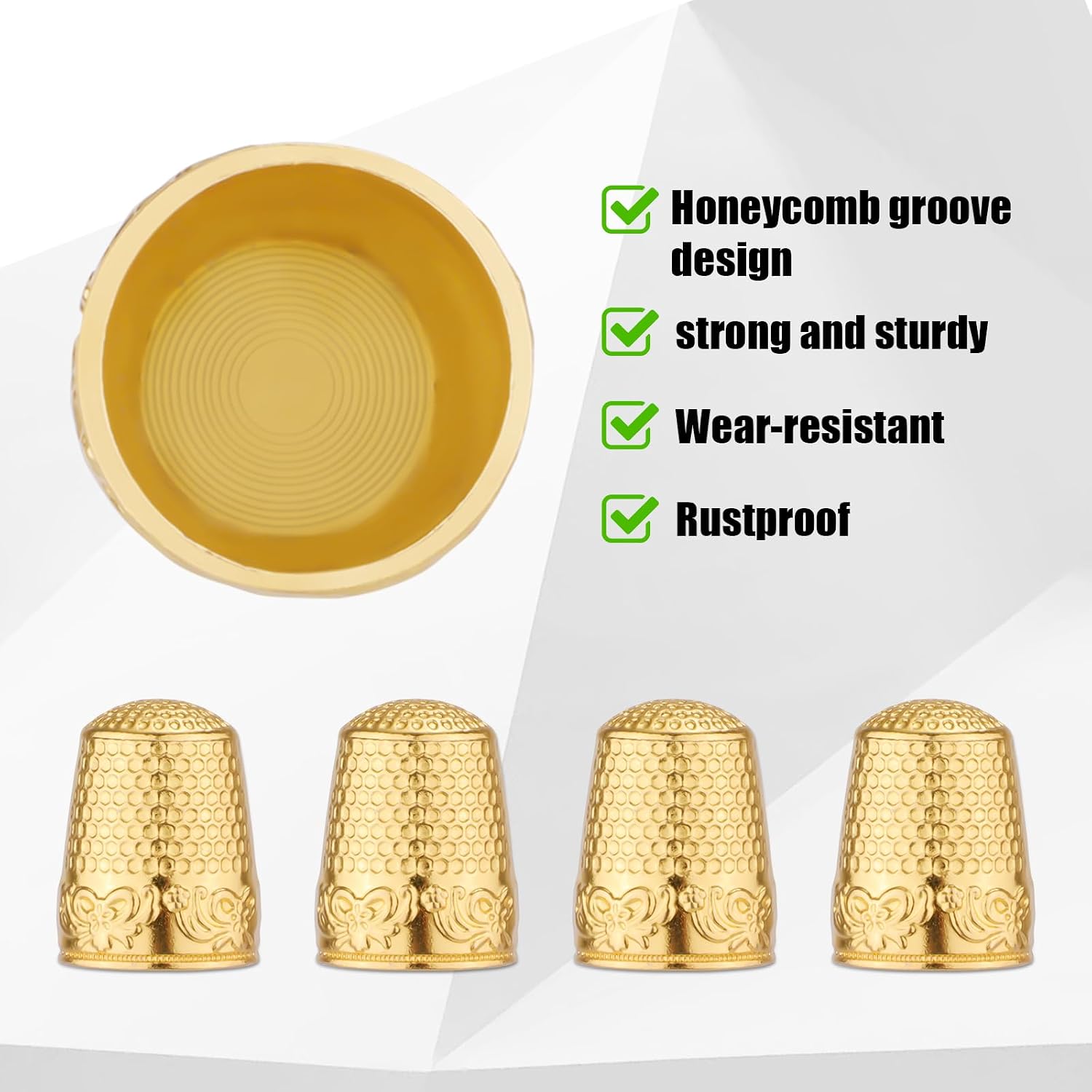 4pcs Metal Sewing Thimbles for Finger, Metal Fingertip Protectors Copper Thumb Finger Shield Rings Thimbles Pads Guard Cover for Hand Embroidery Quilting Accessories Knitting DIY Tools (Gold)