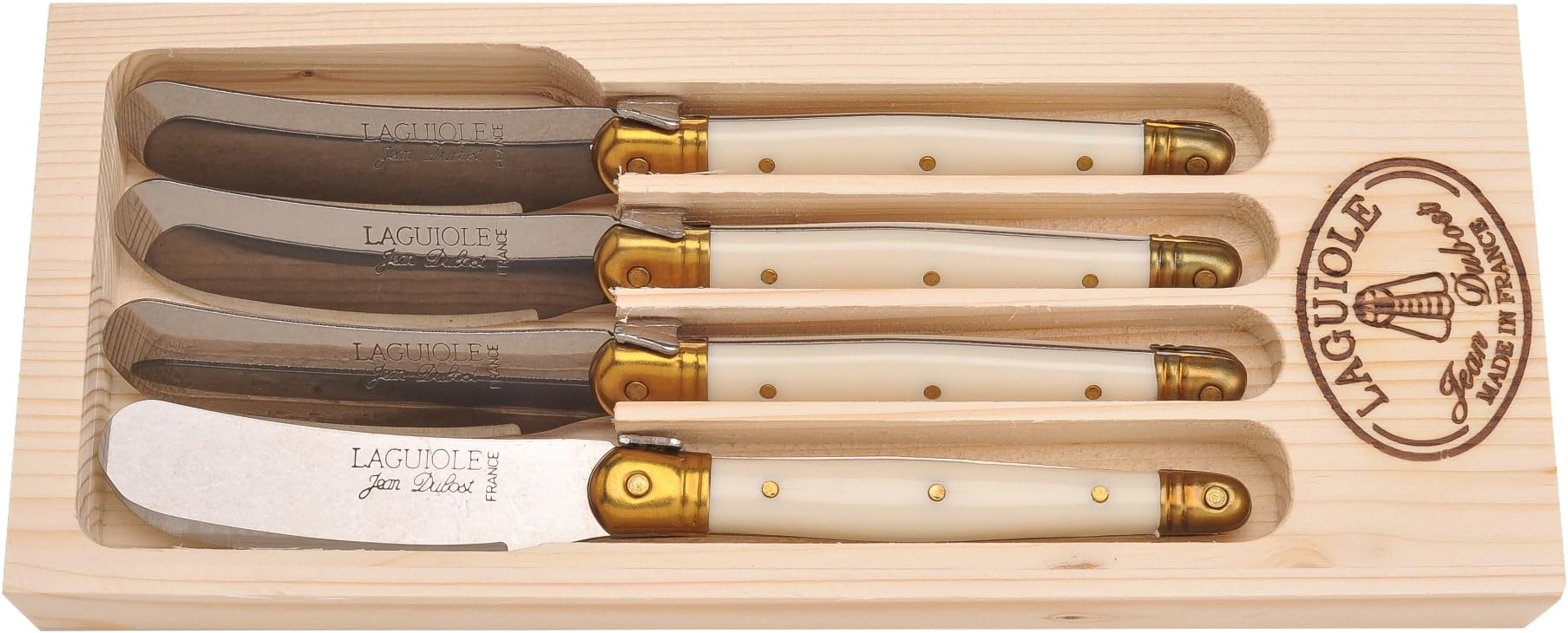 Jean Dubost Laguiole 4-Piece Spreader Set, Ivory Handles - Rust-Resistant Stainless Steel - Includes Wooden Tray - Made in France