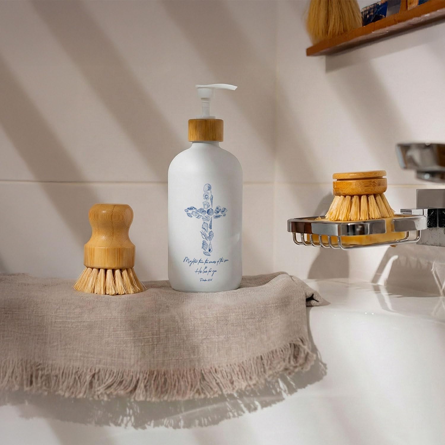 Beach Christian Soap Dispenser, Coastal Bible Verse Glass Dish Soap Dispenser for Kitchen, Seashell Cross Religious Refillable Handsoap Pump Bottle for Bathroom Countertop Kitchen image 3