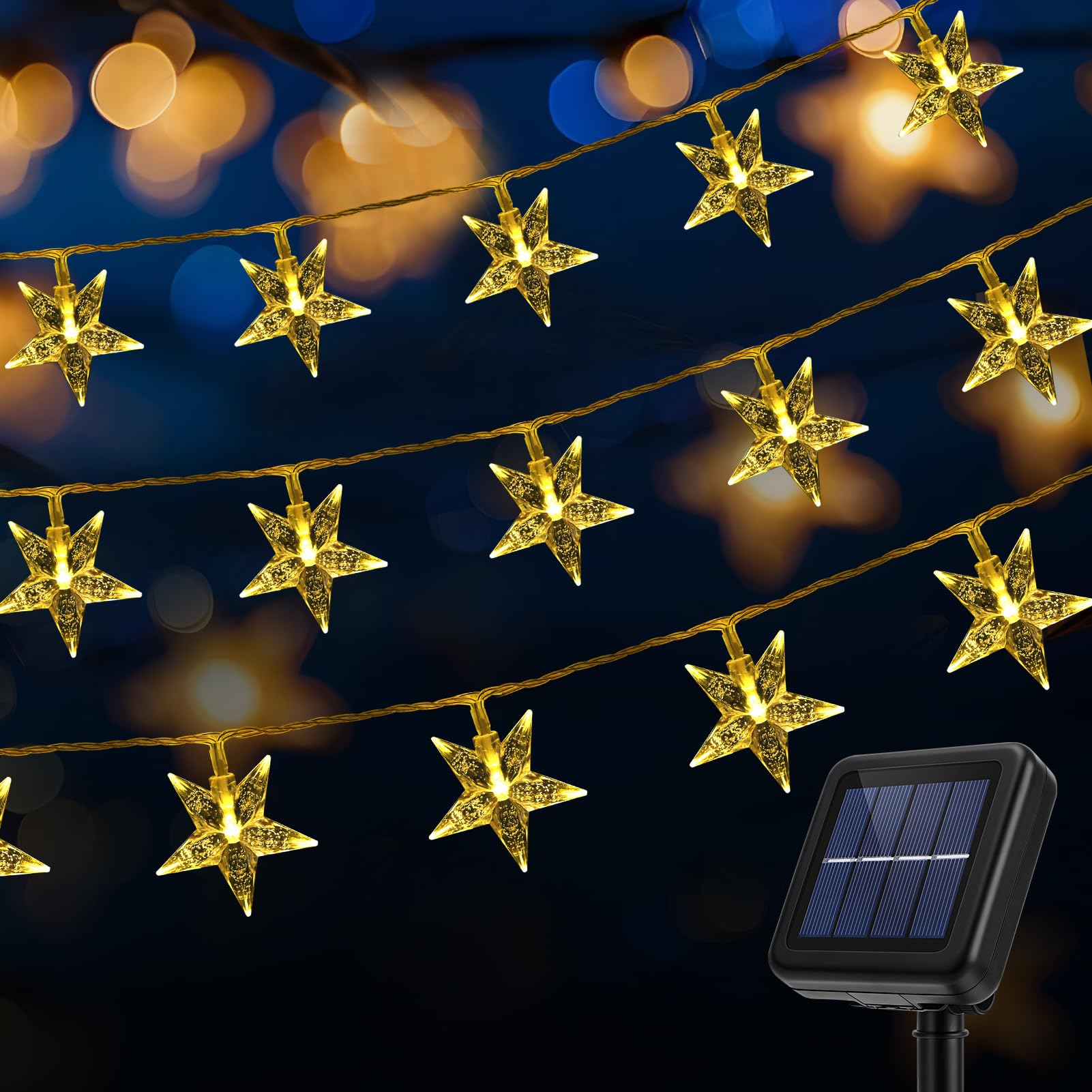 Guirlande lumineuse solaire en forme d'étoiles scintillantes pour extérieur 100 LED Blanc chaud | 8 modes de cour, jardin, terrasse, tente de camping, camping-car, cabane de jeu, décoration de cabane dans les arbres
