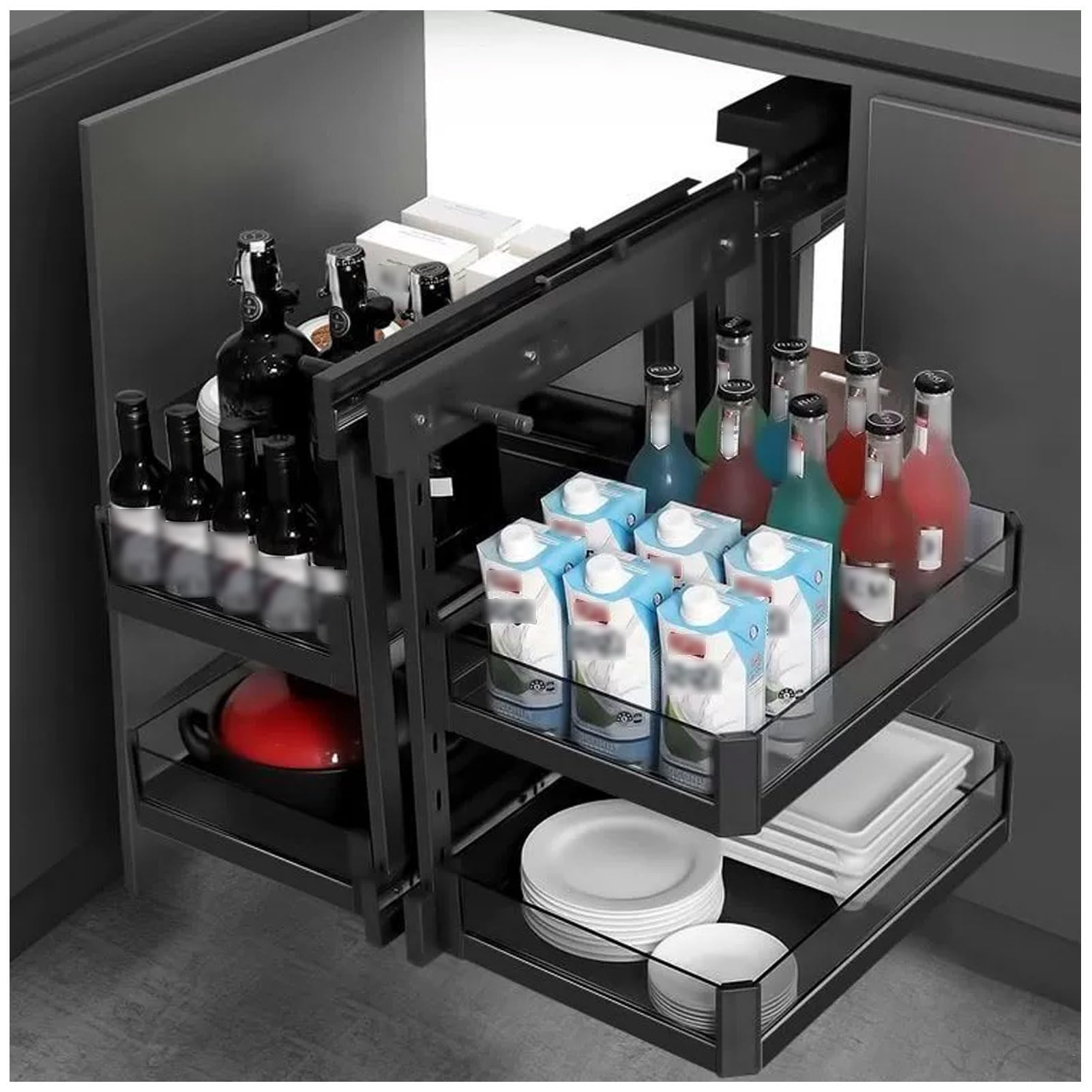 Organizer Estraibile per Armadietto Ad Angolo Cieco Da Cucina, Cieco Angolo Estraibile Organizzatore con 4 Cestelli, Compatibile con Apertura Sinistra E Apertura Destra