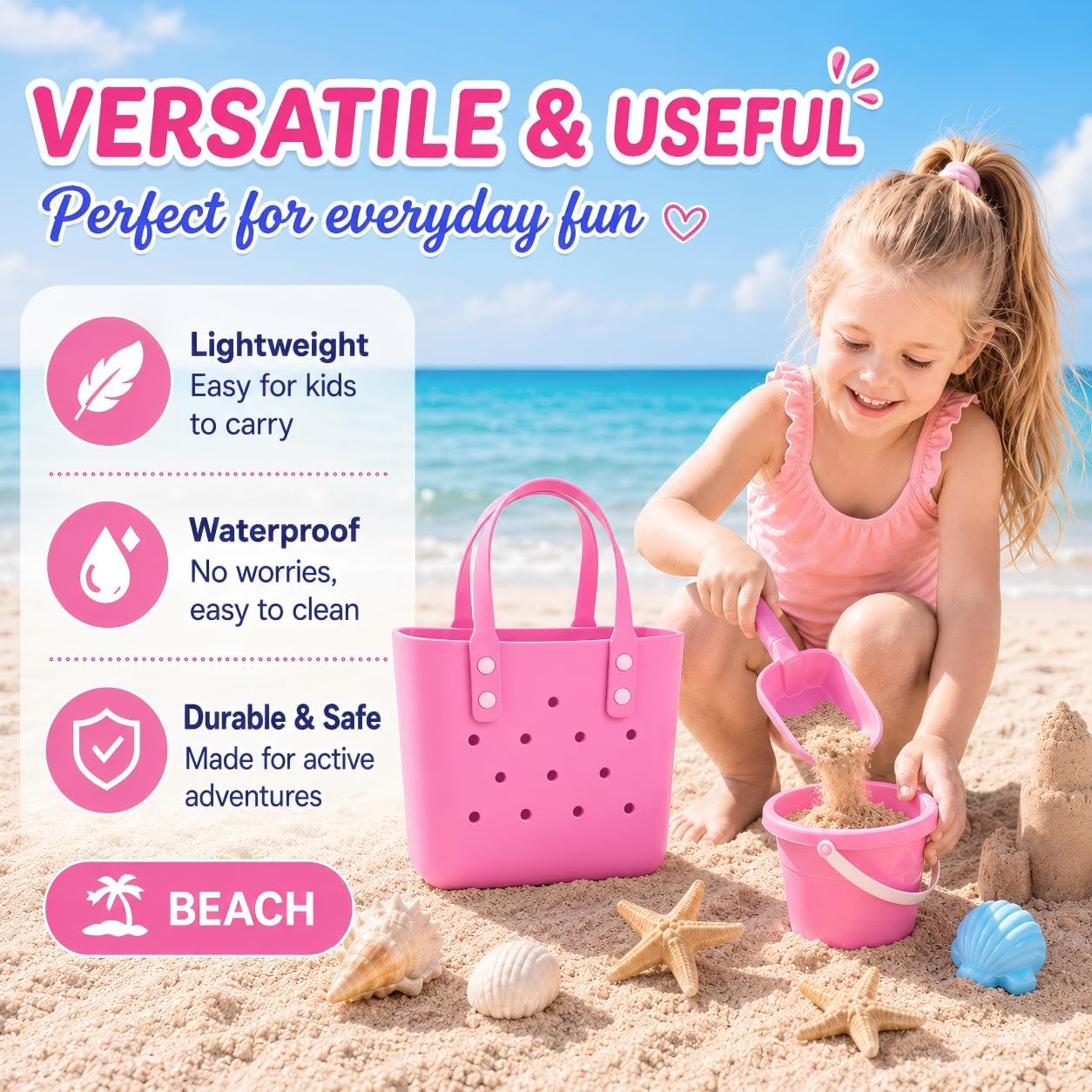 Small Rubber Tote Bag, Water Resistant Beach Bag with Handles, Washable Pool Tote for Women and Girls, Summer Swim Cruise Travel