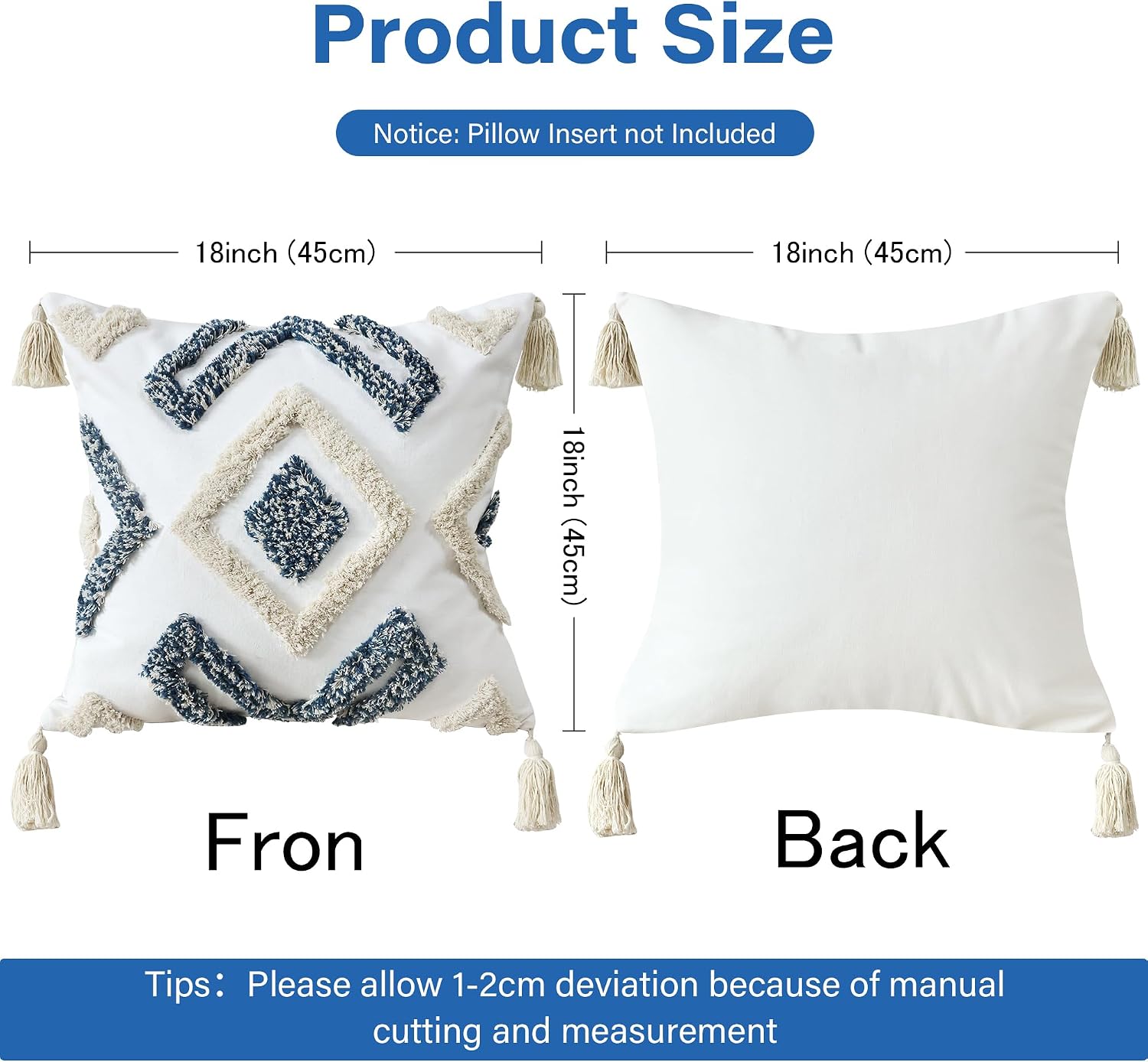 Boho Throw Pillow Covers 18x18 Inch with Tassels, Blue White Tufted Square Pillow Covers Bohemian Farmhouse Decorative Woven Cushion Cover for Couch Sofa Bedroom Living Room Home Decor image 4