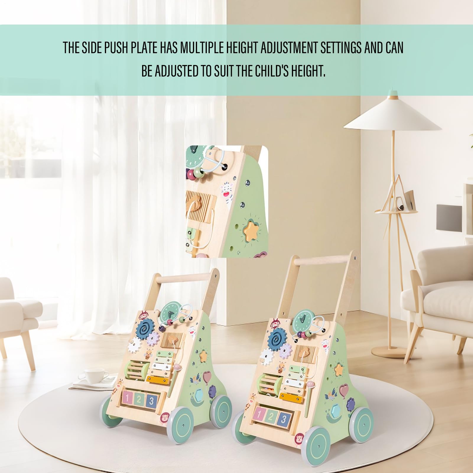 Andador de Madera para Niños Juego Silencioso con Mango Ajustable