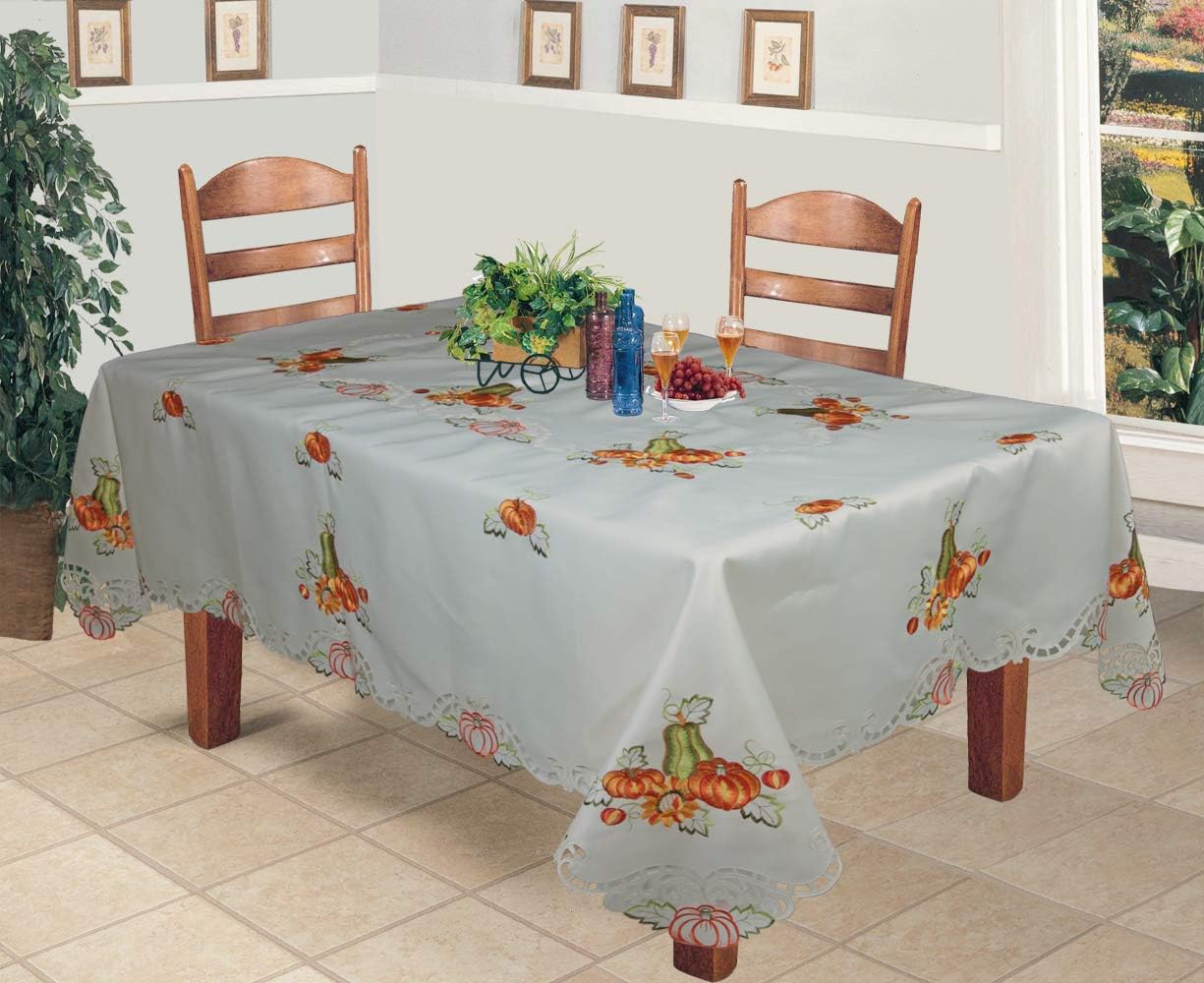 Creative Linens Fall Autumn Harvest Thanksgiving Embroidered Cutwork Pumpkin Sunflower Tablecloth 70x120 Rectangular with 12 Napkins Ivory