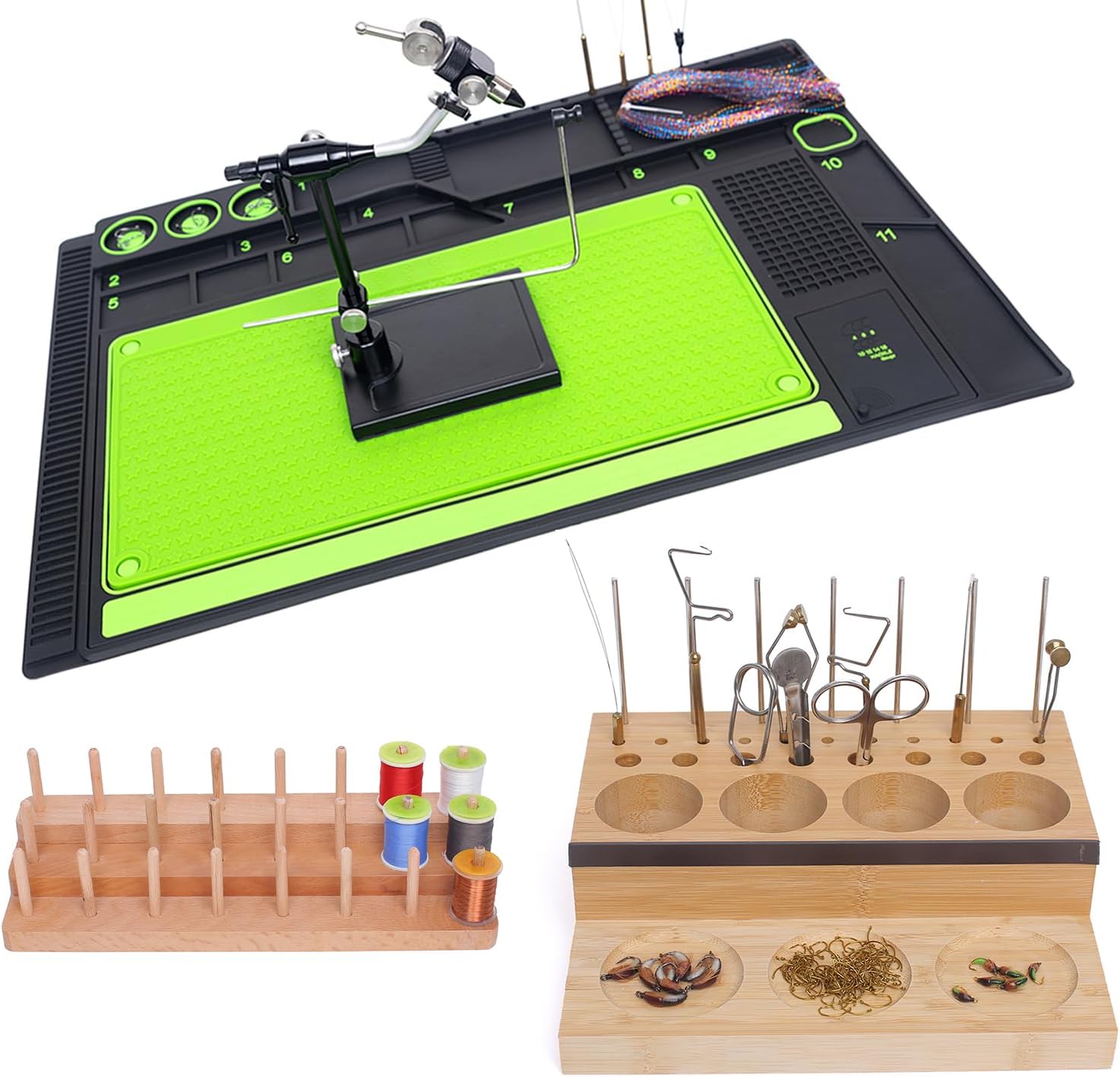 Raprance Premium Fly Tying Bundle: Wooden Tool Caddy,Rubber Magnetic Mat,Thread Spool Stand