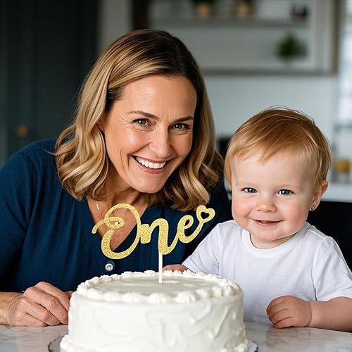 Miniatura 5 de ALISSAR Decoración dorada de doble cara con purpurina para el primer cumpleaños, decoración de pastel para primer cumpleaños de niño y niña, primer