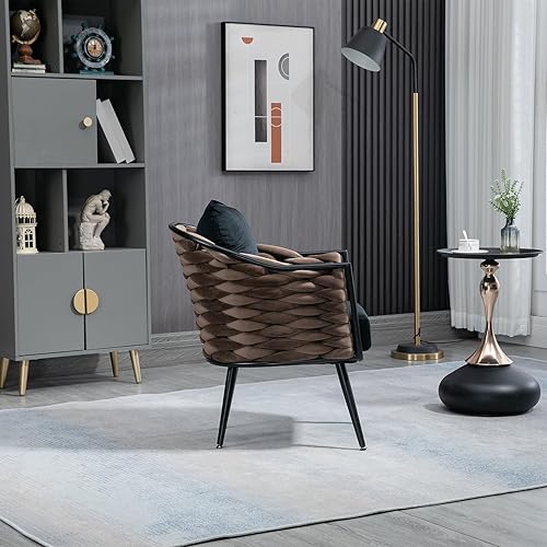 Miniatura 5 de Silla decorativa de terciopelo, silla tapizada con almohada suave, moderna silla individual con respaldo tejido y patas de metal sólido, cómoda
