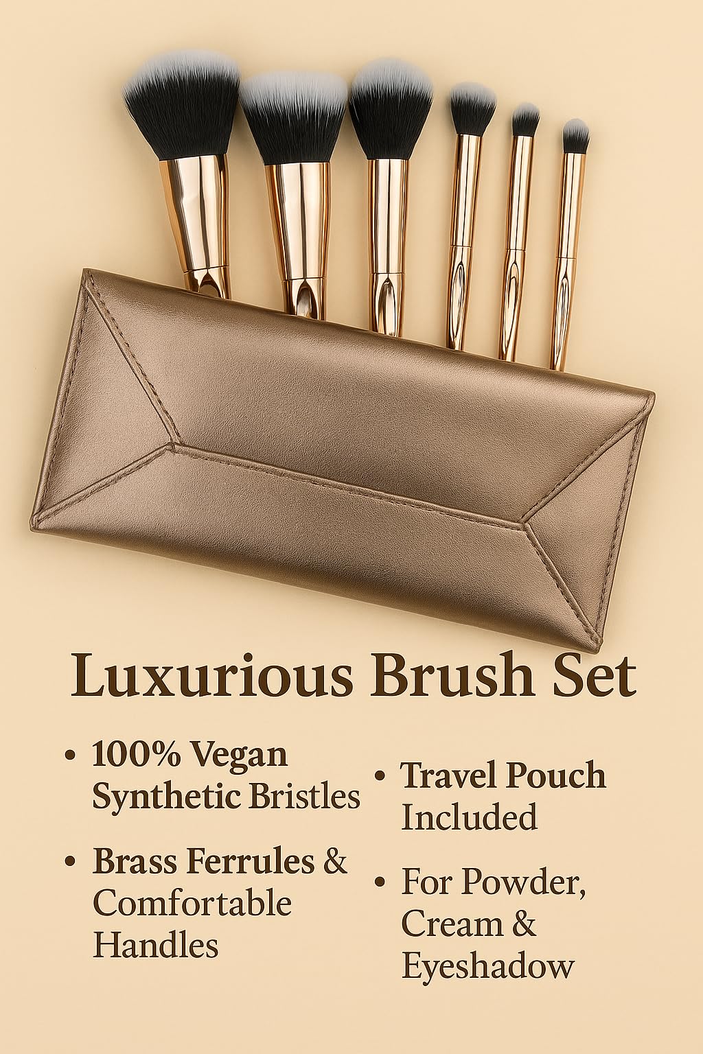 F.A.R.A.H. Gold Collection Brush Set - 6-Piece Makeup Brush Set with Travel Pouch - 100% Vegan, Synthetic Bristles, Brass Ferrule