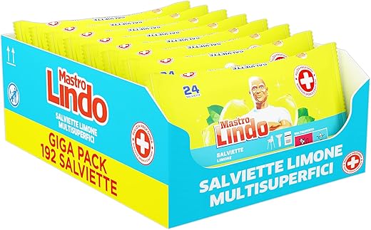 Mastro Lindo Salviette Igienizzanti Multisuperficie, 192 Pezzi (8 x 24 Salviettine), Limone, Per Tutte le Superfici, Senza Risciaquo, Fresco Profumo di Pulito, Maxi Formato