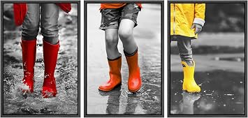 wall26 3 Panel Framed Canvas Wall Art - Bright Color Red and Yellow Rain Boots in Black and White Photo - Giclee Print Gallery Wrap Modern Home Art Ready to Hang - 16"x24"x3 Black