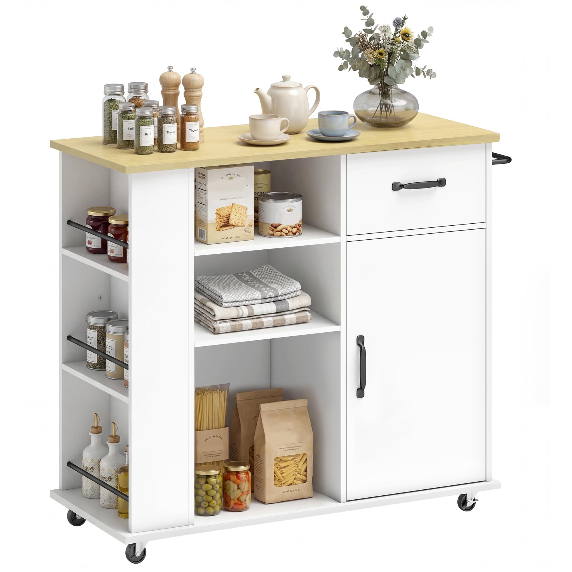 HOMCOM Carrello Cucina con 5 Ruote, Isola Cucina con Ante Soft-Close, Cassetto, Portasciugamani, 3 Portaspezie, 3 Scaffali Aperti e Ripiano Regolabile, Multiuso Salvaspazio, 96.5x38x87 cm, Bianco