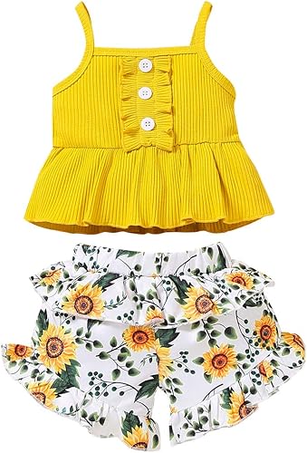 FYBITBO Conjunto de 2 piezas de ropa de verano para bebés y niñas pequeñas, camiseta sin mangas y pantalones cortos florales
