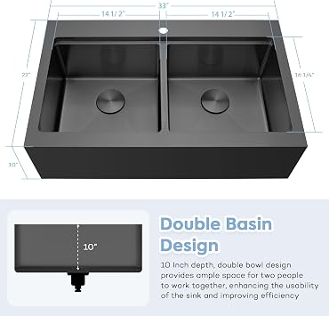 Black Farmhouse Kitchen Sink,33 Inch 50/50 Farm Sink, 33