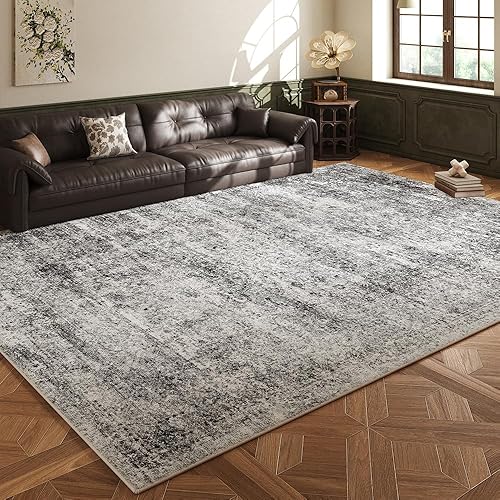 Area Rug 5x7 Washable Rug/Machine Washable Grey Vintage Traditional Floor Cover Foldable Thin Retro Style Indoor Distressed Non-Slip Carpet Bedroom Living Room Dressing Table