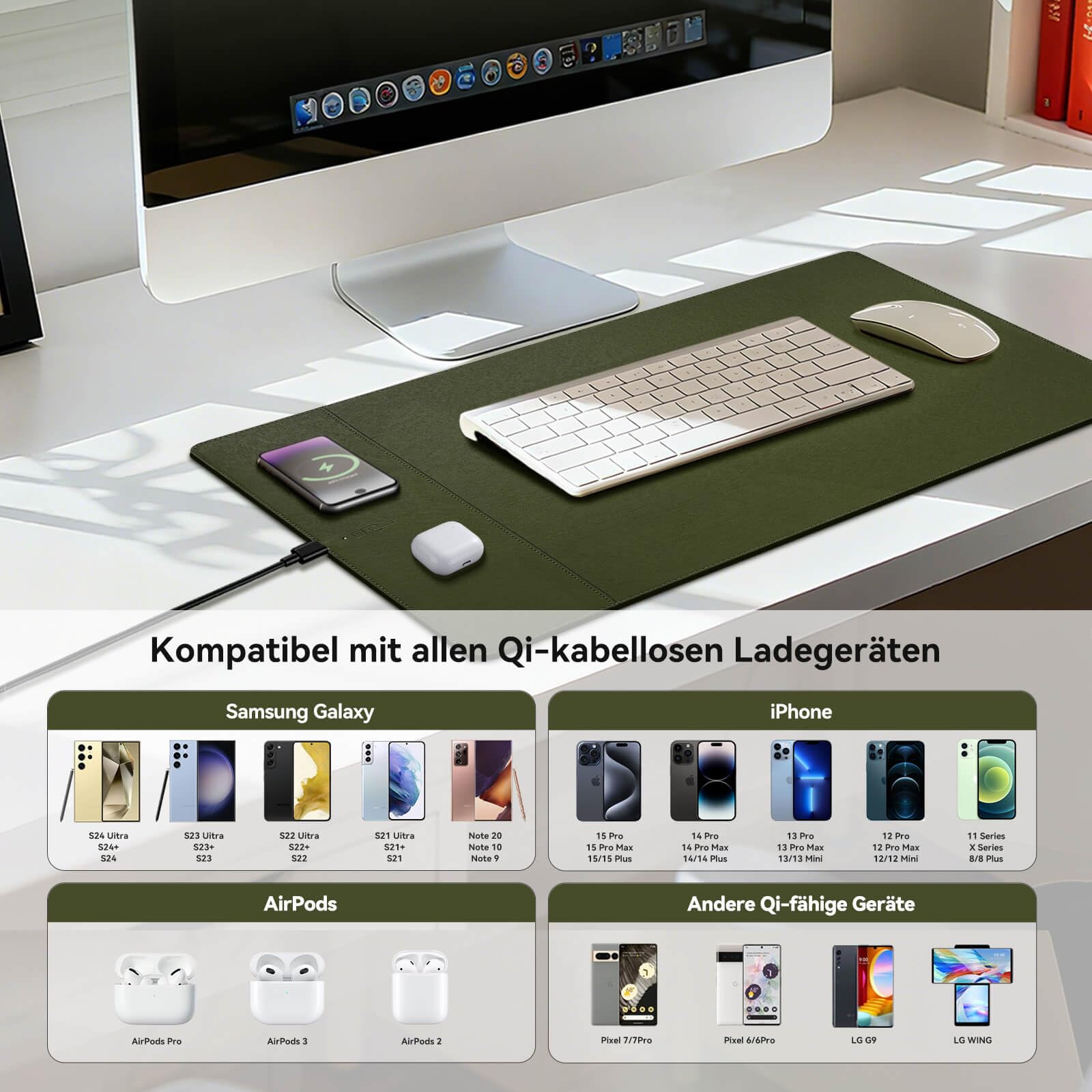Tappetino per mouse di ricarica wireless con funzione di ricarica rapida da 15 W, magnetico, dimensioni 60 x 40 cm (23,4" x 15,6") con superficie ultra liscia, colore: grigio verde per MacBook, PC e