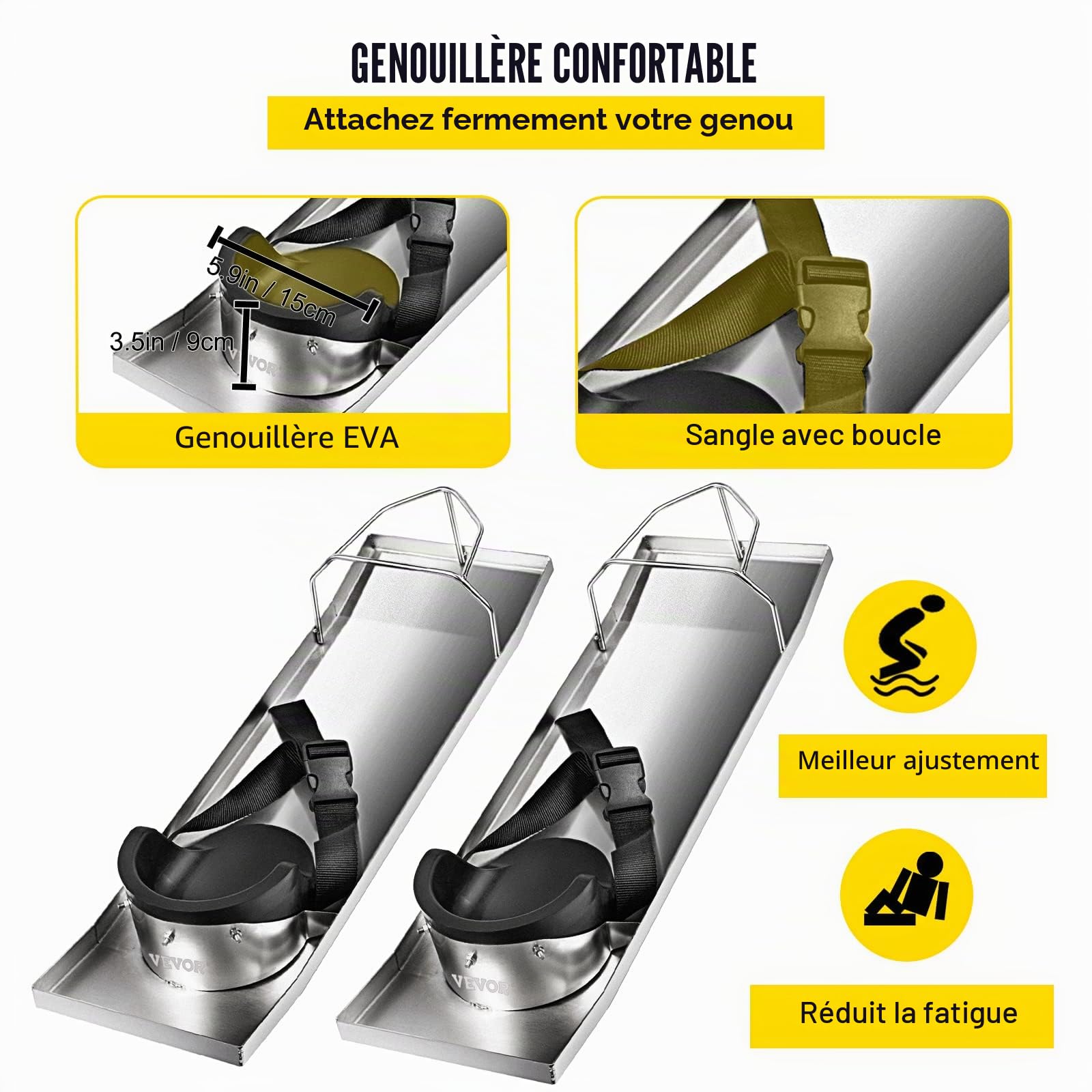 VEVOR Planche à Genoux Béton 70 x 20 cm 1 Paire avec Coussinets, Protège Genoux, Repose-Genoux en Acier Inoxydable, Protège-Genoux Coulissant, Genouillère Coulissante en Béton Finition
