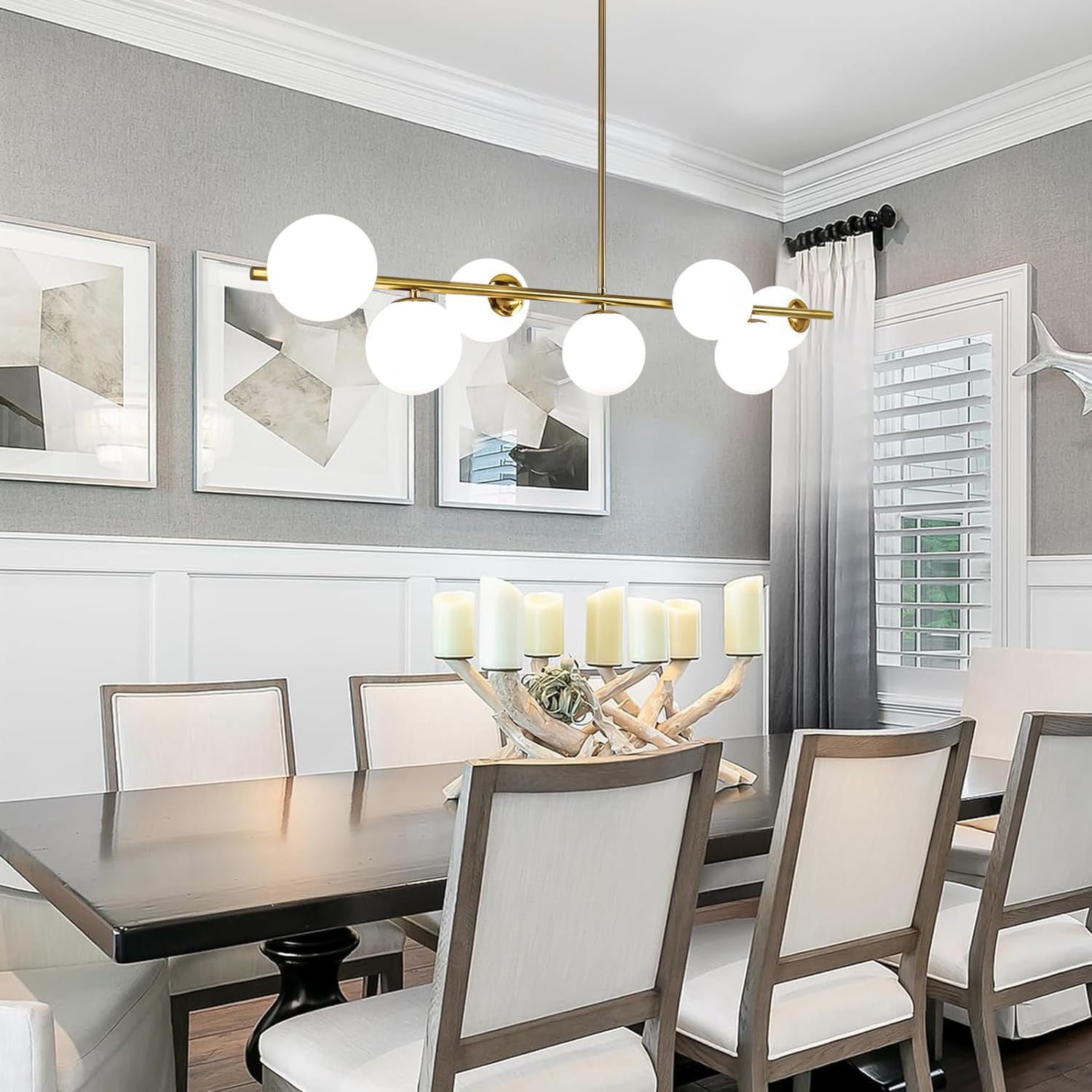 Brass Modern Linear Chandelier for Dining Room, 7-Light Adjustable Dimmable Ceiling Light Fixture with Glass Globes for Kitchen Island, Living Room, Bedroom, Foyer - Mid Century Modern Gold Lighting