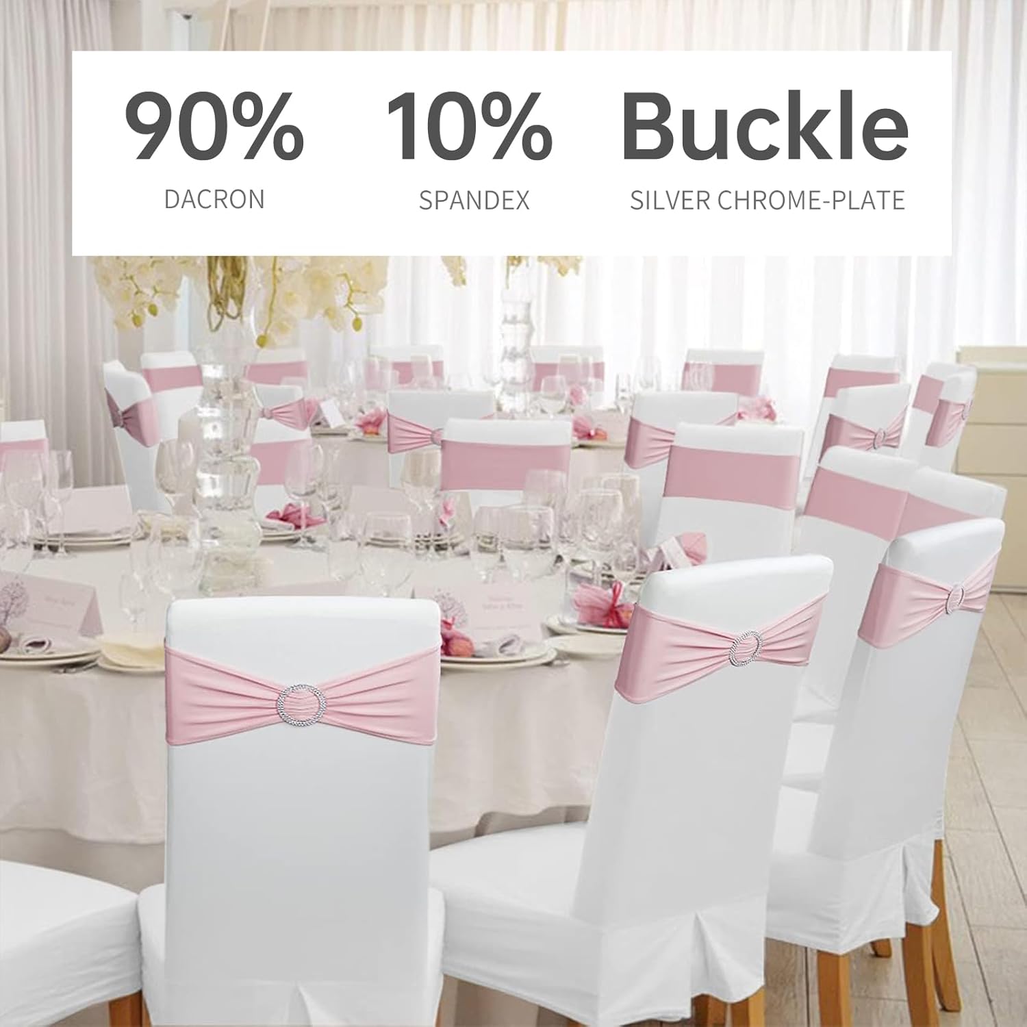 Pack of 50 Spandex Chair Sashes Bow Premium Stretch Chair Cover Band with Buckle Slider Universal fits Elastic Dining Chair Ties for Wedding Party Banquet Events Decoration - Pink