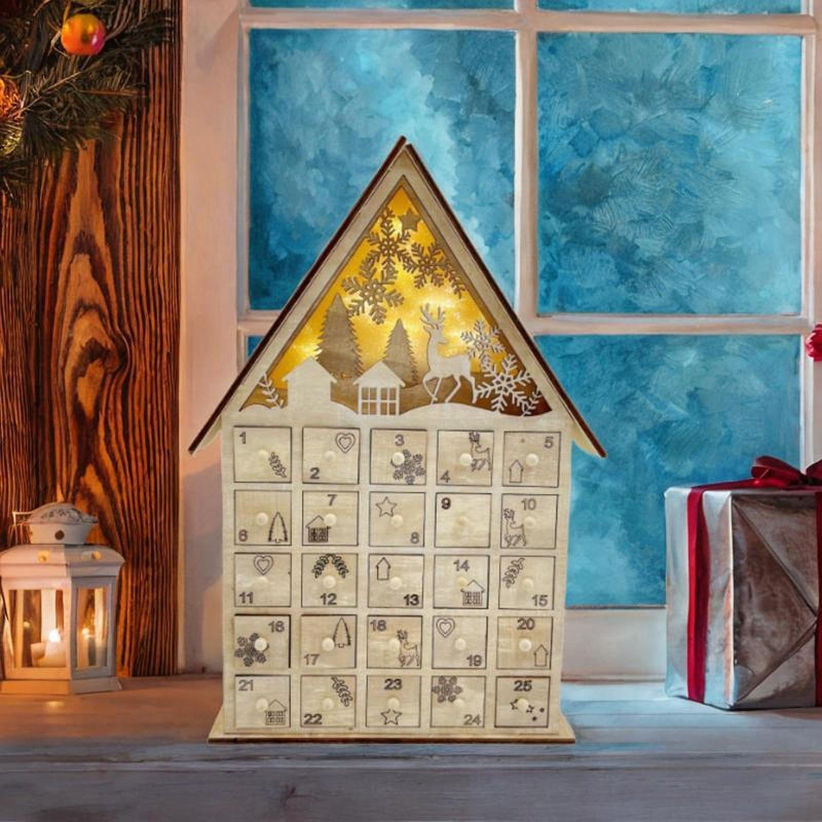 Calendario de Adviento de Madera, Decoración Navideña 2024, Iluminado, Ideal para Fiestas O para Colocar en La Mesa de Centro del Salón.