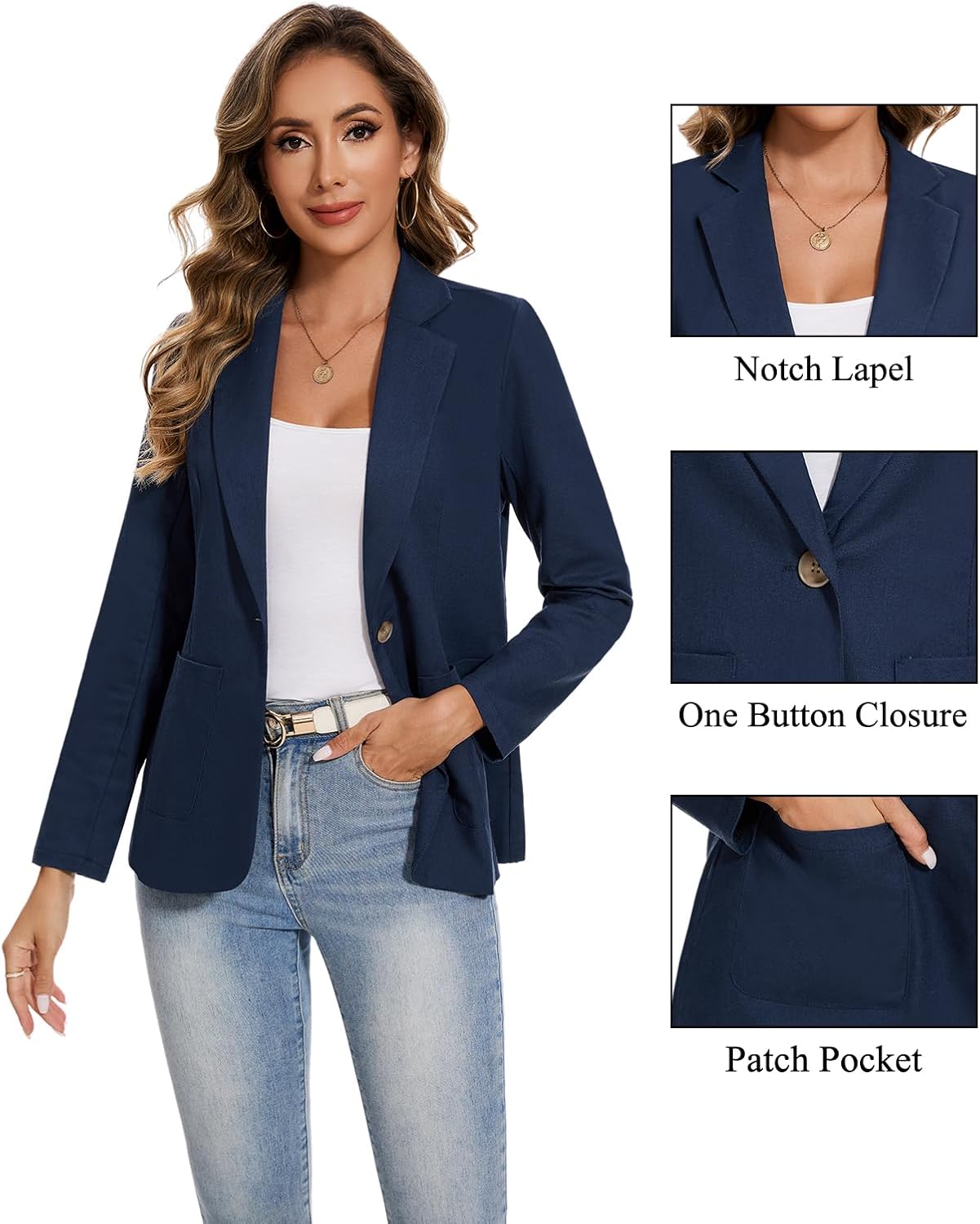 MINTLIMIT Cotton Linen Blazer for Women Spring Summer Long Sleeve Lightweight Business Casual Jackets (Navy, Size XL)