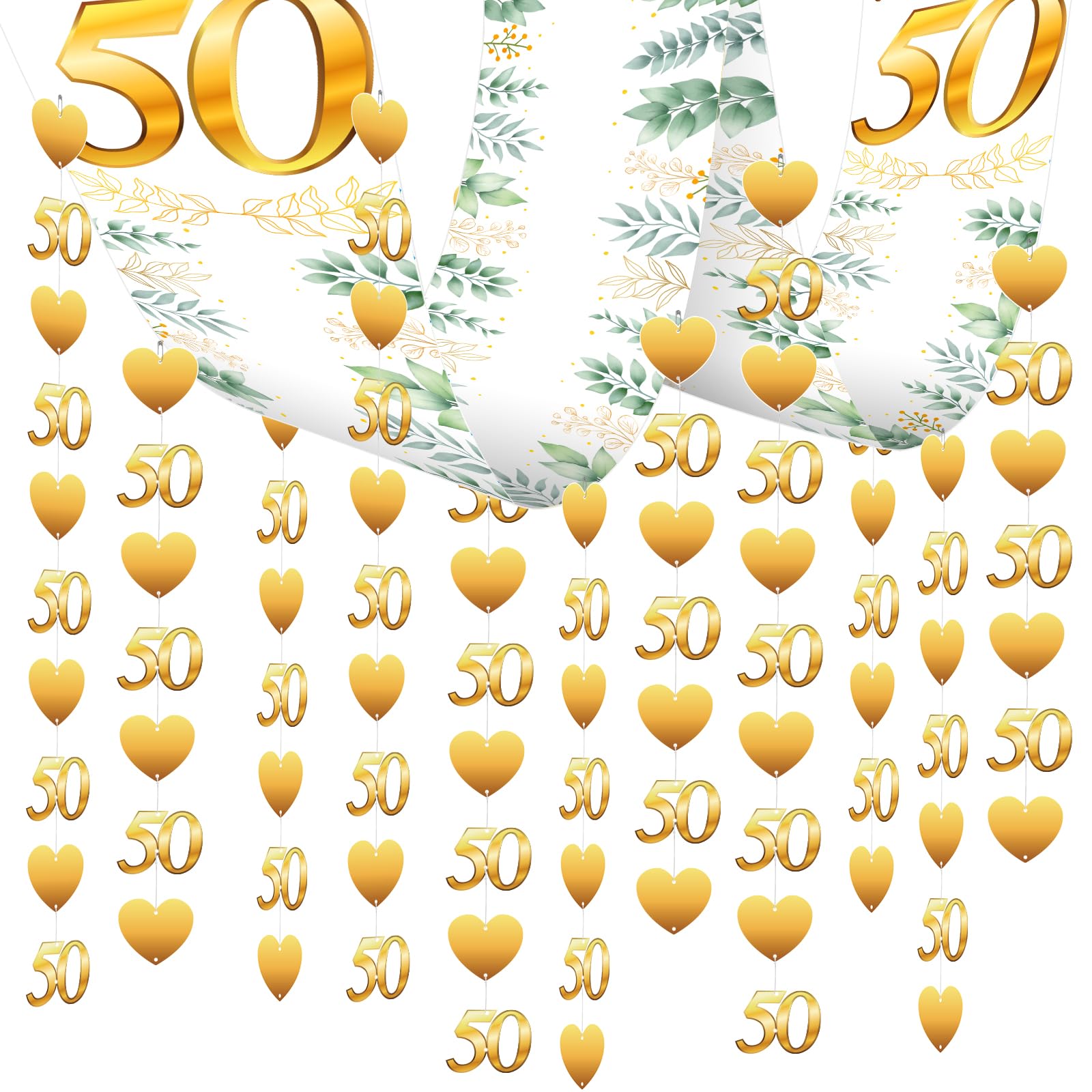 HONMOK 50th Golden Wedding Decorations - Happy Anniversary Ceiling Banner, Decor Bunting with Photo Props Supplies