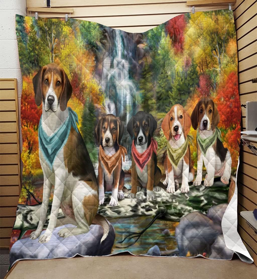Scenic Waterfall American English Foxhound Dog Quilt Bed Coverlet Bedspread - Pets Comforter with Unique One-Side Animal Printing - Soft Lightweight Quilt - Washable 100% Polyester, 50"x60"