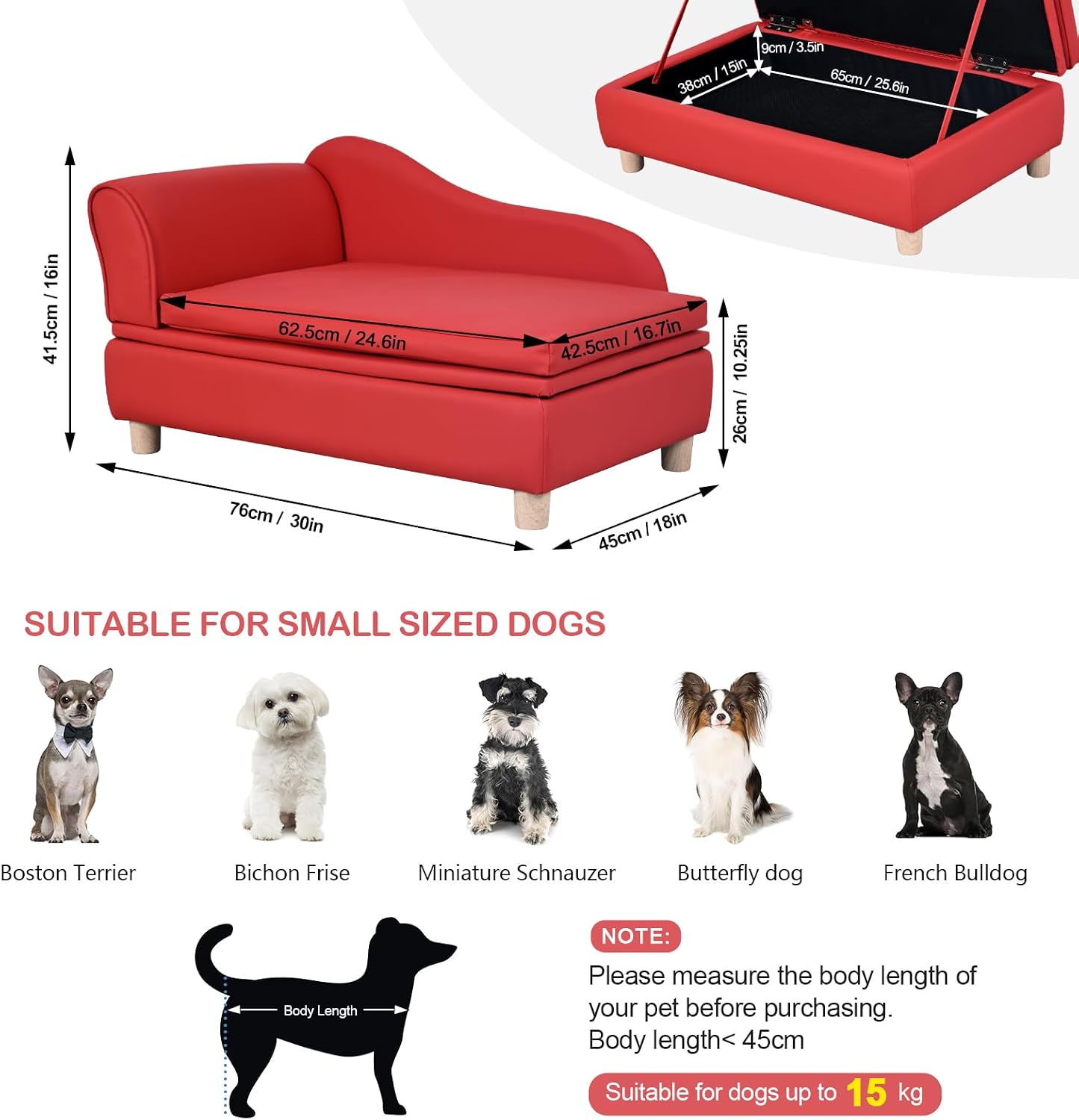 PU Leather Dog Sofa and Chair with Storage - Wooden Frame Cat Sofa Couch with Cushion,Small Pet Bed Sofa for Puppy and Cats (Red)