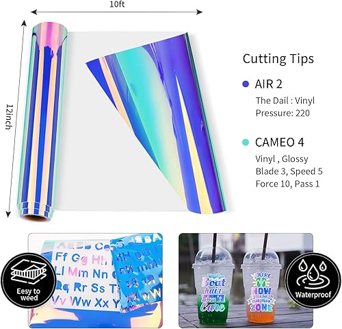 Miniatura 2 de GIRAFVYINL - Rollo de vinilo adhesivo permanente de ópalo holográfico azul de 12 pulgadas x 10 pies para cricut, decoración del hogar y el