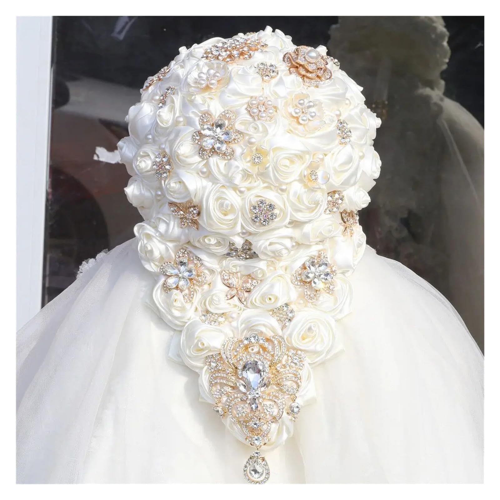 UJEDFHV Wedding Bouquet Crystal Bride Handmade Satin Rose Elegant Wedding Flowers Bridal Bouquet for Prom(Color 1)